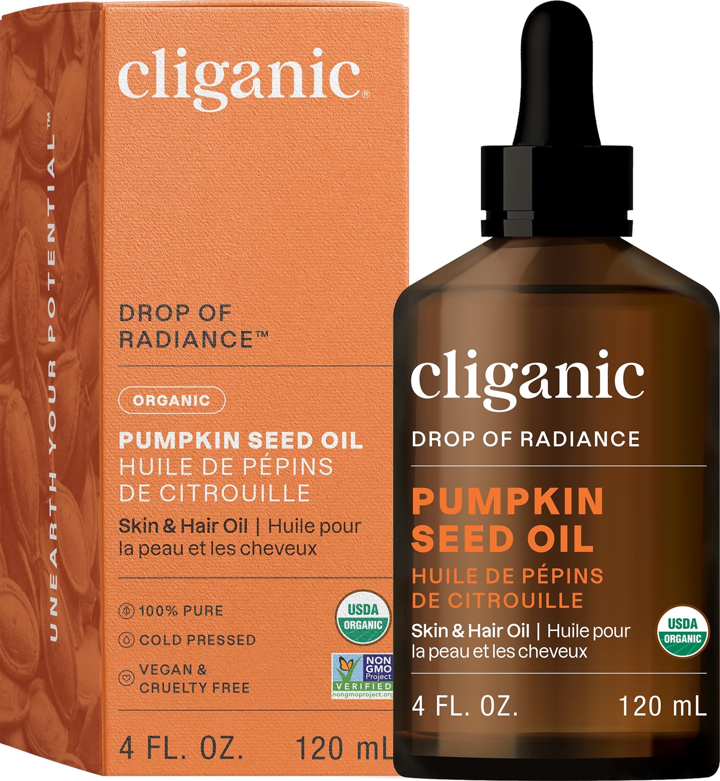Cliganic Organic Pumpkin Seed Oil, 100% Pure - For Face & Hair | Natural Cold Pressed Unrefined (Packaging May Vary)