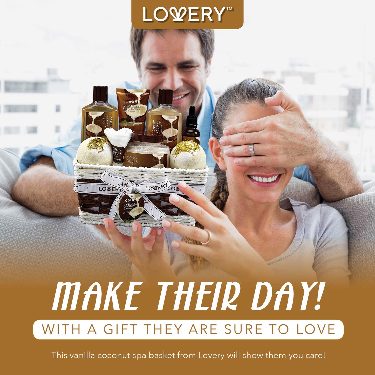 Gifts for Women Spa Basket โ 9-Piece Vanilla Coconut Set with Lotions, Bath Bombs, Coconut Oil, Luxury Towel & More