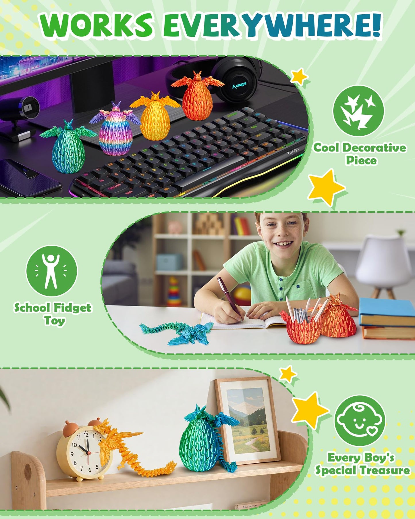 TBOLINE 4-Pack 3D Printed Dragons with Wings & Surprise Eggs, Articulated Flying Dragon Toys for Kids Ages 4-10, Boys & Girls Fidget Fun
