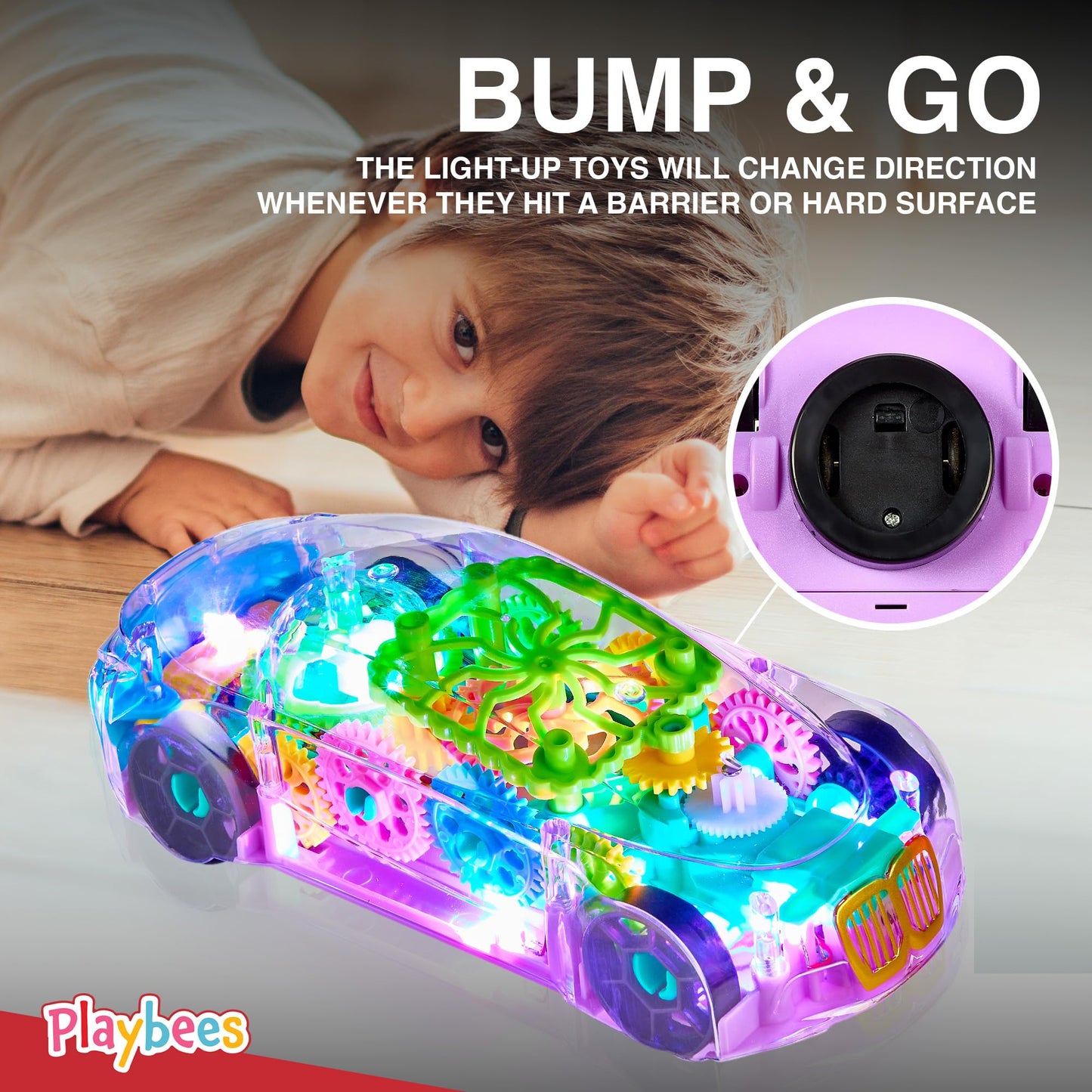 Playbees Light-Up Transparent Car Toy for Autistic Kids Ages 3-5 | Sensory Bump & Go Toy with Music & LED Effects, Toddler Gift