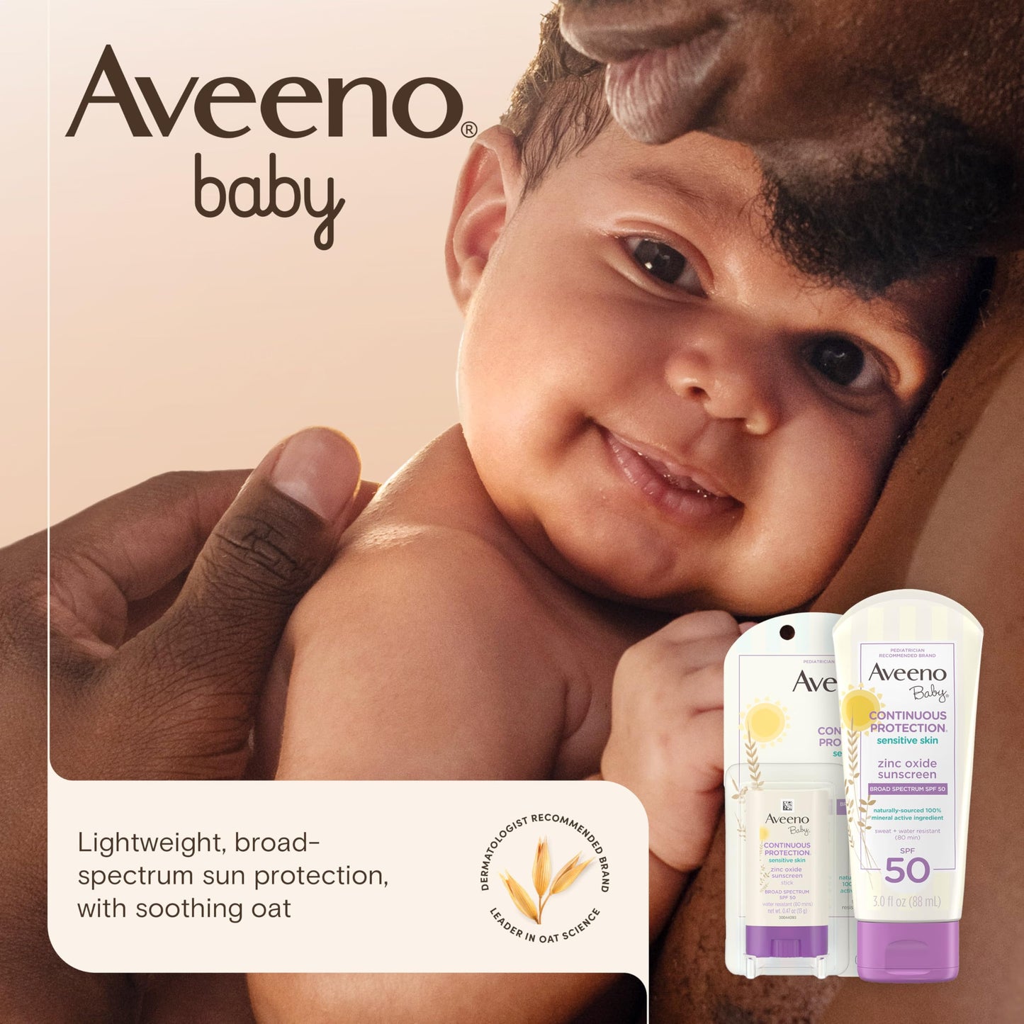Aveeno Baby Mineral Sunscreen Stick SPF 50 for Sensitive Skin, 100% Zinc Oxide, Broad Spectrum Face & Body Sunblock, Travel Size 0.47 oz