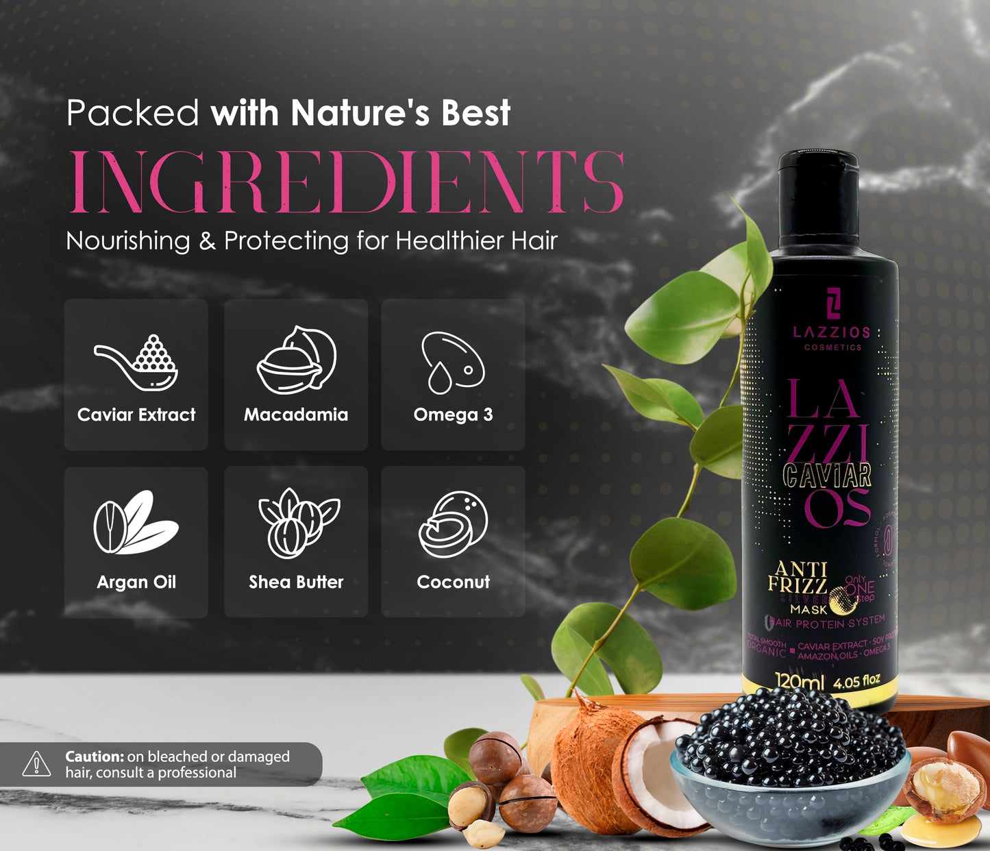 Lazzios Caviar Organic Hair Protein – Formaldehyde-Free Brazilian Keratin Treatment – Anti-Frizz Straightening with Caviar Extract & Hyaluronic Acid (120ml)