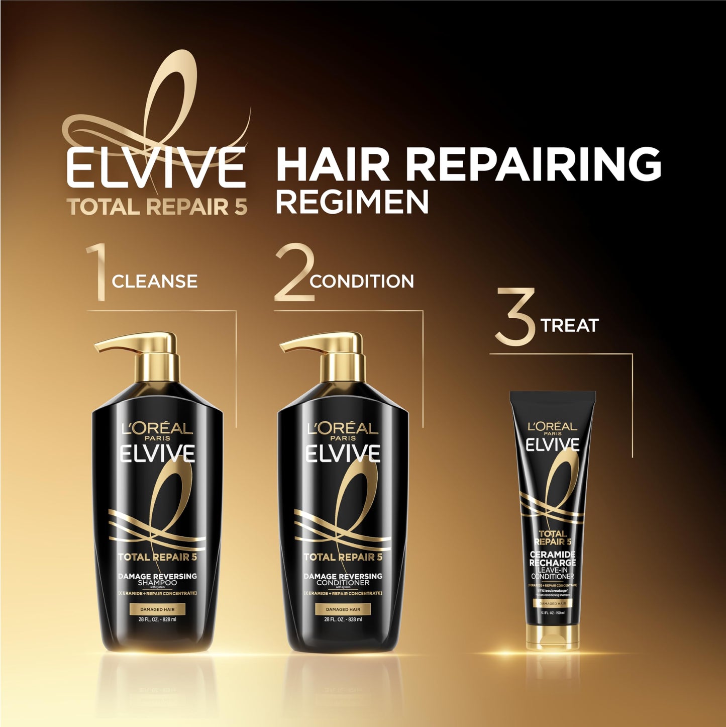 L'Oreal Paris Elvive Total Repair 5 Repairing Shampoo and Conditioner for Damaged Hair, 28 Ounce (Set of 2)(Packaging May Vary)