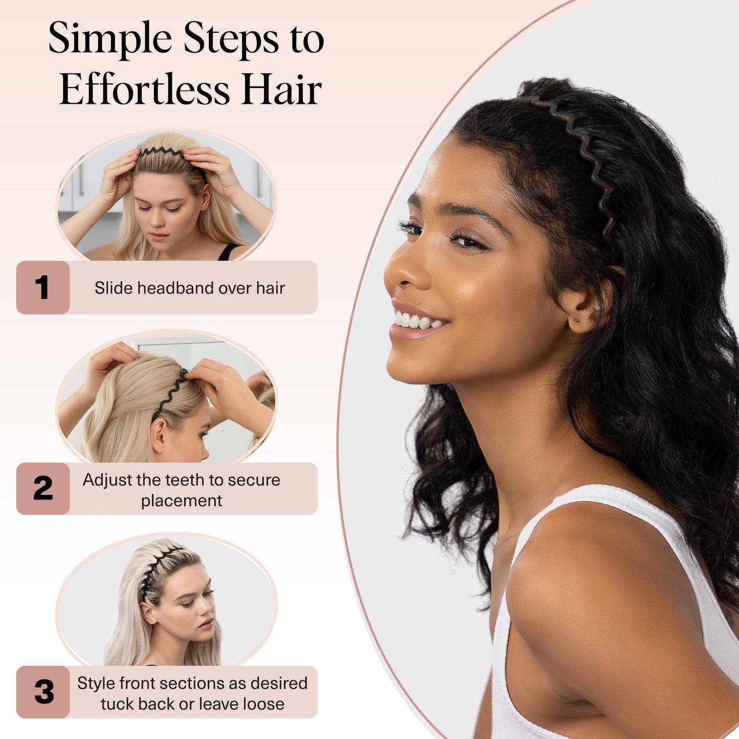 Kitsch Zig Zag Headbands for Women – Non-Slip Comb Headbands for Slicked Back Styles, Comfortable & Stylish, Tortoise & Black, 2 Pack