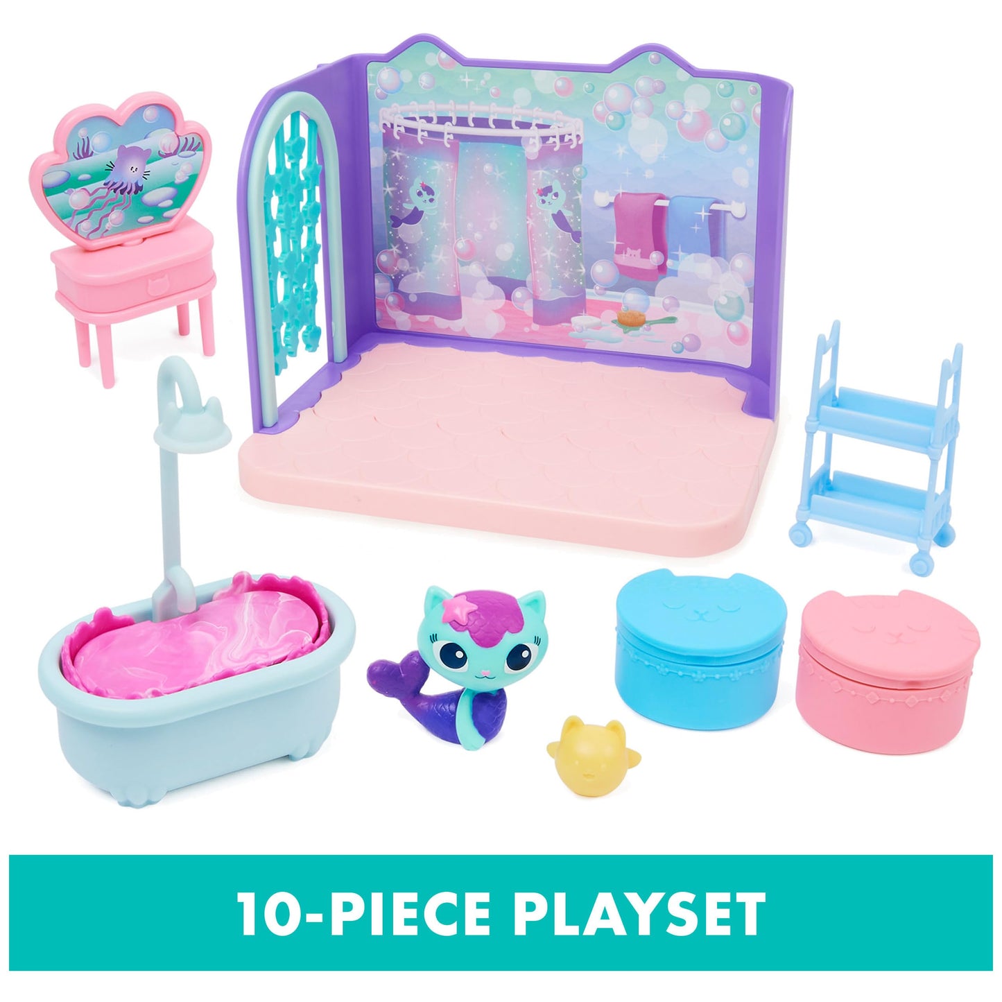 Gabby's Dollhouse, Primp and Pamper Bathroom with Mercat Figure, 3 Accessories, 3 Furniture and 2 Deliveries, Kids Toys for Ages 3 and up