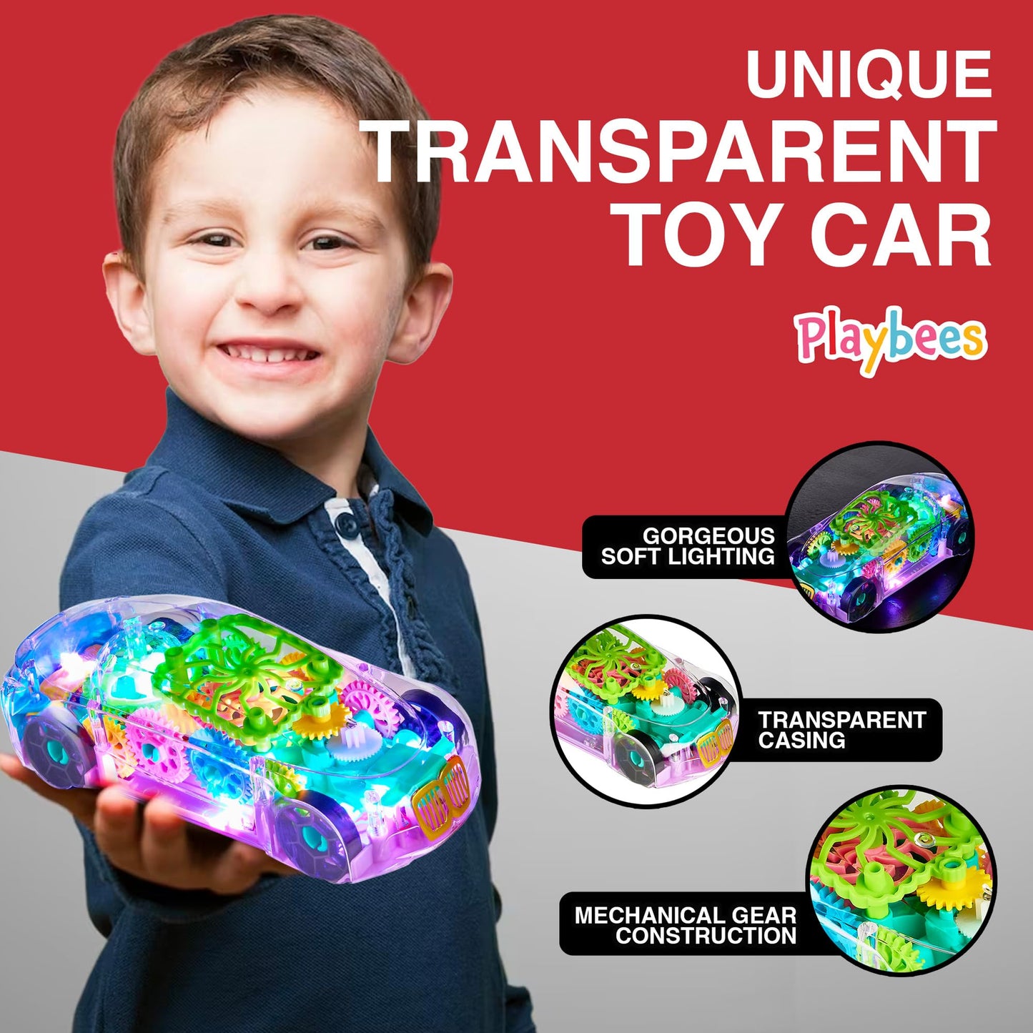 Playbees Light-Up Transparent Car Toy for Autistic Kids Ages 3-5 | Sensory Bump & Go Toy with Music & LED Effects, Toddler Gift