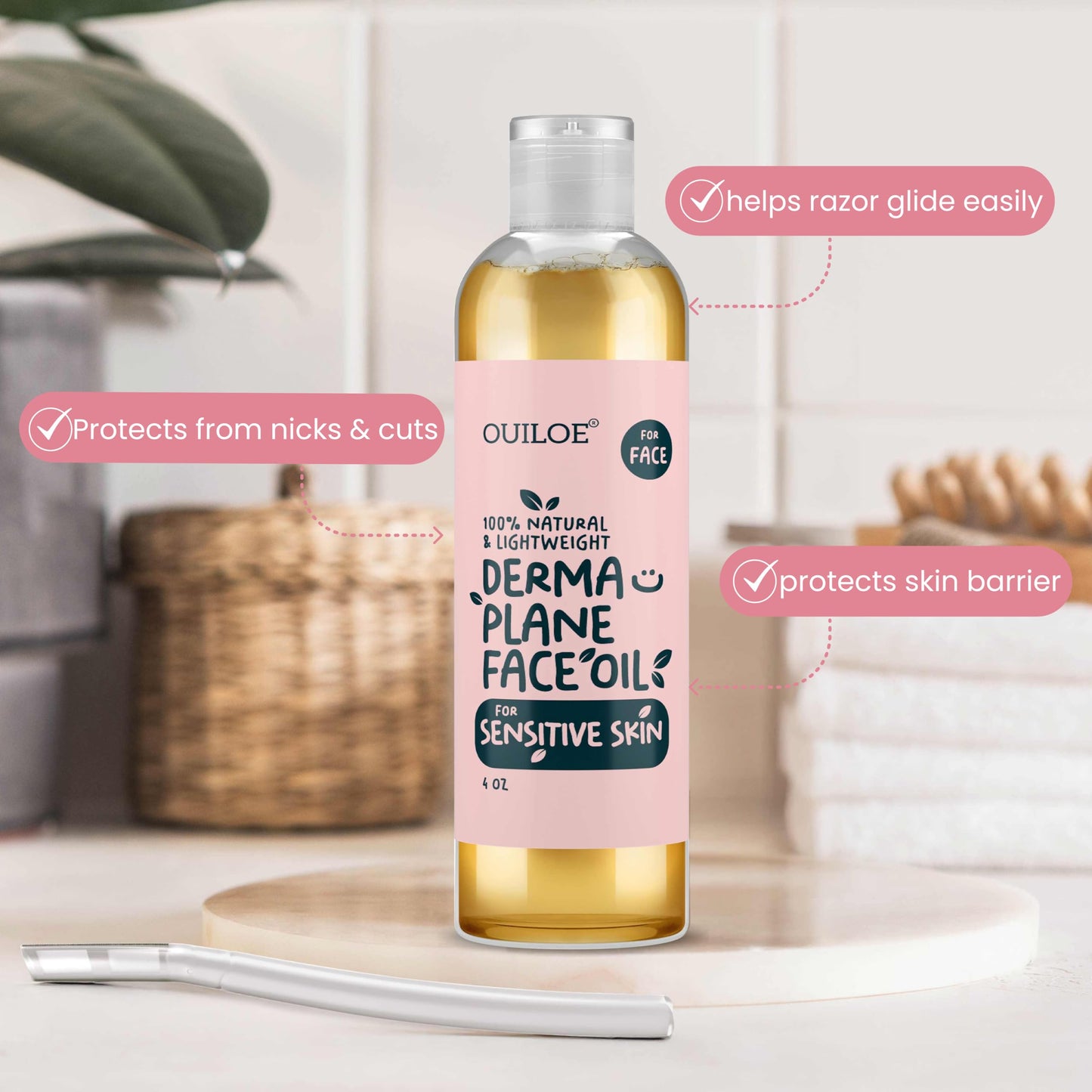 Dermaplane Face Shaving Oil for Women – Sensitive Skin, Non-Comedogenic, Fragrance-Free, Lightweight, Natural, 2oz by Ouiloe