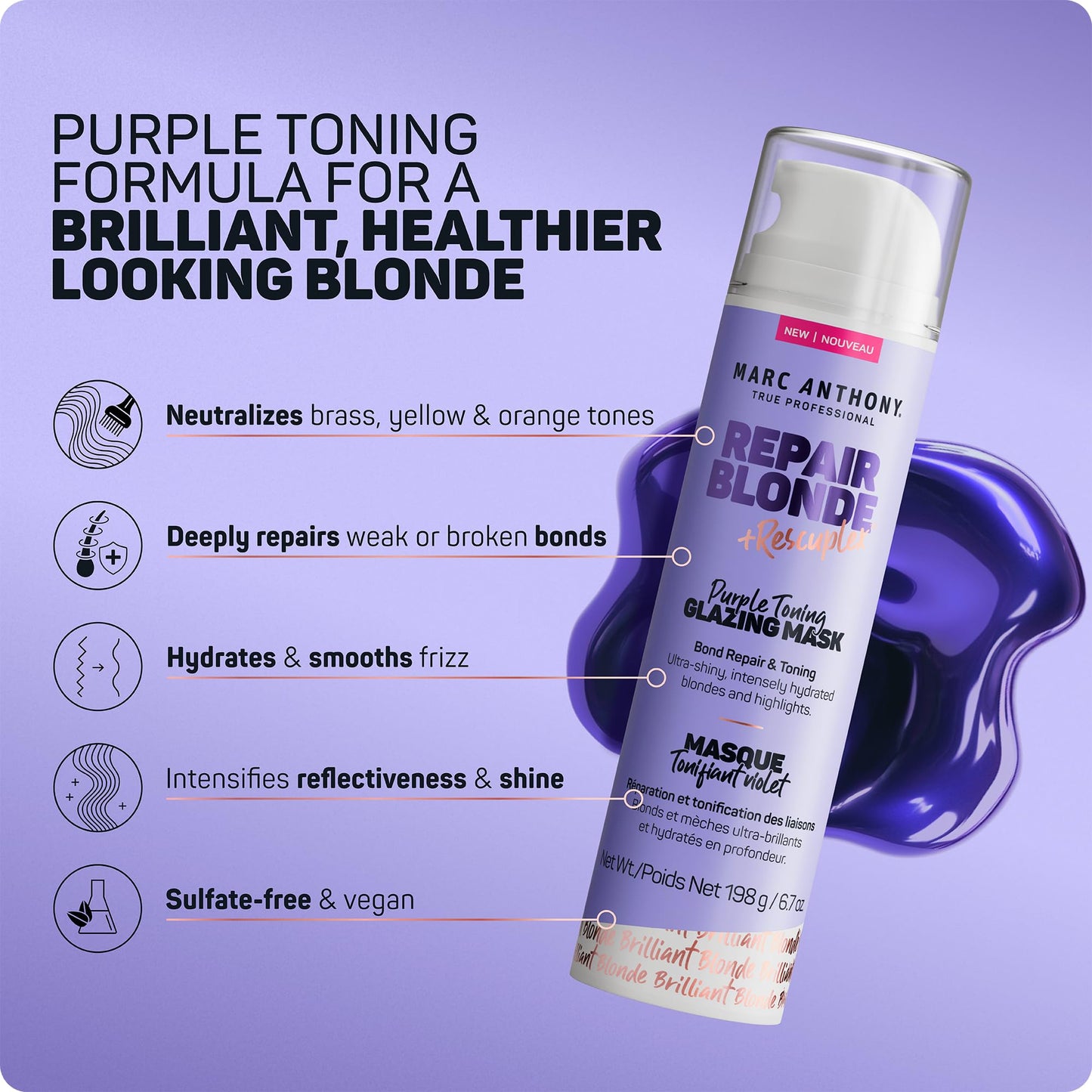 Marc Anthony Purple Toning Glazing Mask, Repair Blonde Rescueplex Color Care - Neutralizes Brassy Tones and Repairs Damaged Hair, 6.7oz