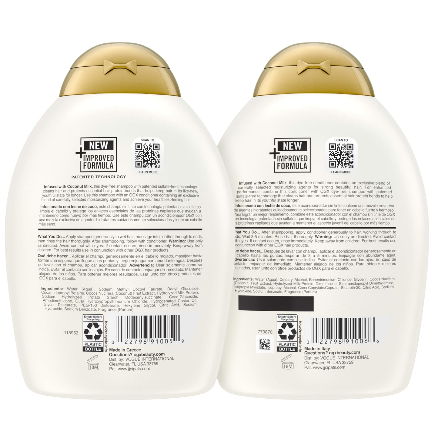OGX Coconut Milk Shampoo & Conditioner Set, Sulfate-Free, Hydrating & Softening, Creamy Coconut Milk, White Peach & Shea Butter Scent, 2 x 13 fl oz
