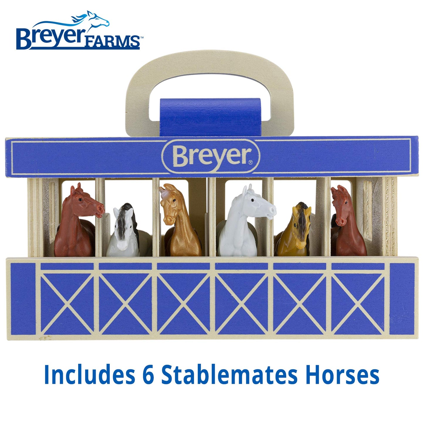 Breyer Horses Farms Wooden Stable Playset with 6 Horses | 6 Piece | 6 Stablemates Horses Included | 6” H x 9” L x 2.5” D | 1:32 Scale | Model #59217, Multi