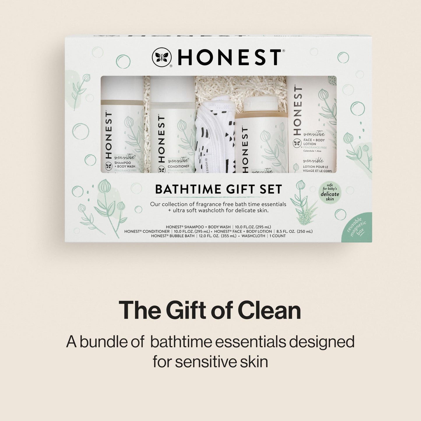 The Honest Company Fragrance-Free Bathtime Gift Set – Hypoallergenic Shampoo, Body Wash, Lotion, Bubble Bath & Conditioner for Sensitive Skin