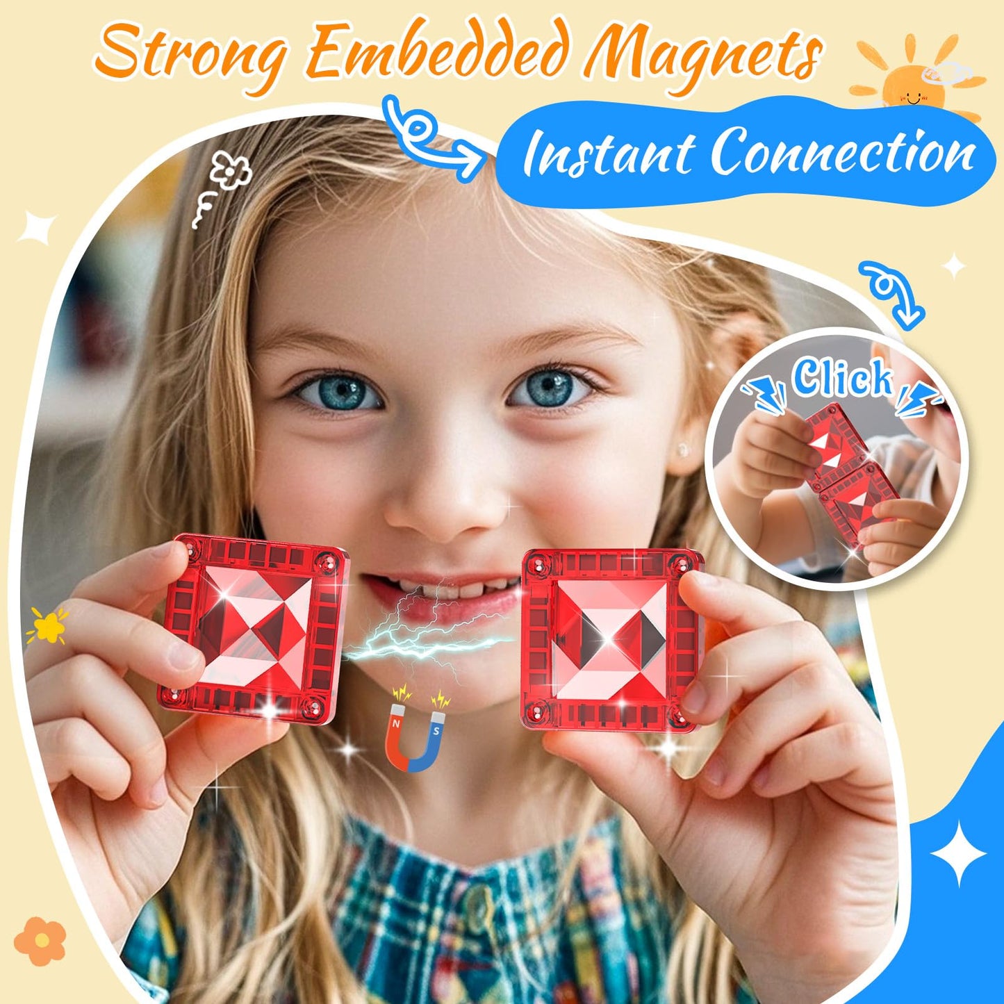 Zupooko Mini Magnetic Tiles for Kids 3-8 | Travel Magnetic Building Blocks with Metal Storage Box | STEM & Montessori Educational Toy Gift