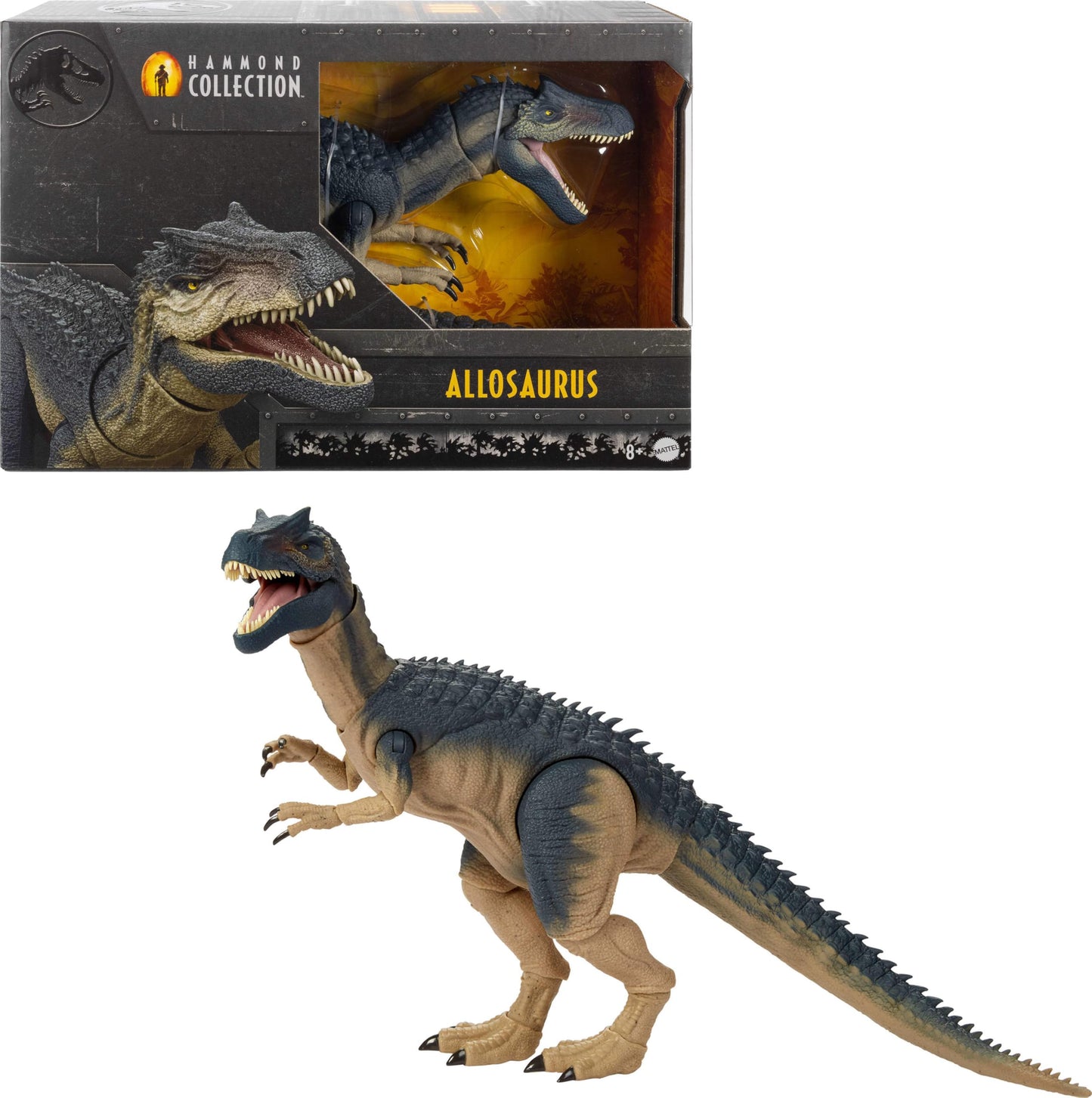 Mattel Jurassic World Hammond Collection Allosaurus Dinosaur Action Figure, Premium Movie Design, Glass Eyes & Wired Tail, 19 Points of Articulation