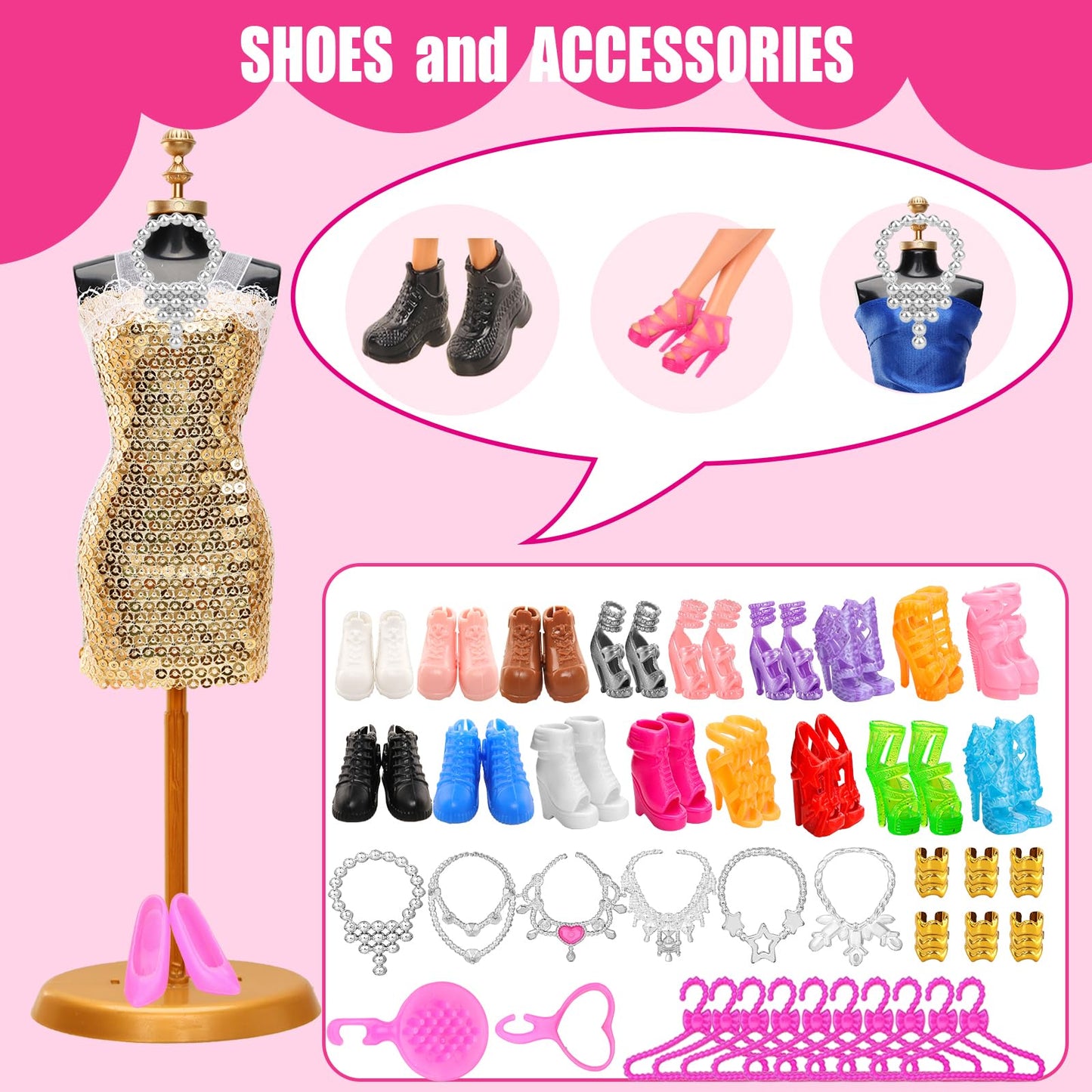 57-Piece Doll Clothes & Accessories Set for 11.5" Dolls – Dresses, Wedding Gowns, Tops, Pants, Shoes, Swimsuits & More