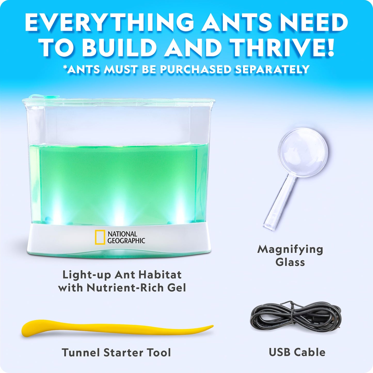 National Geographic Ant Habitat Kit for Kids – Light-Up Terrarium with Magnifiers, Tunnels & Activities, Ant Colony Explorer