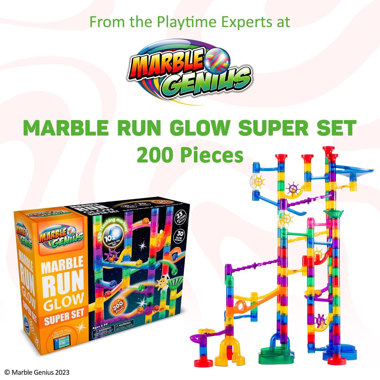 Marble Genius Marble Run Track - 200-Piece, Multicolor, Space Theme - Glow-in-The-Dark Marble Set & STEM Building Toy & Race Track for Ages 4+