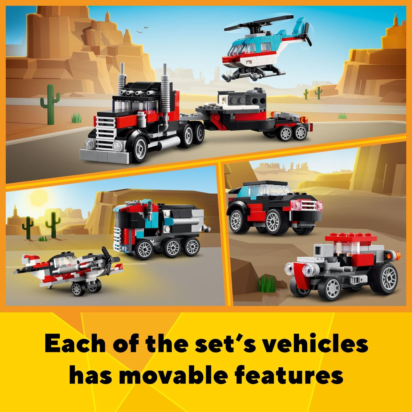 LEGO Creator 3-in-1 Flatbed Truck Toy – Transforms into Helicopter, Hot Rod & SUV, Building Set for Kids 7+, Gift Idea, 31146