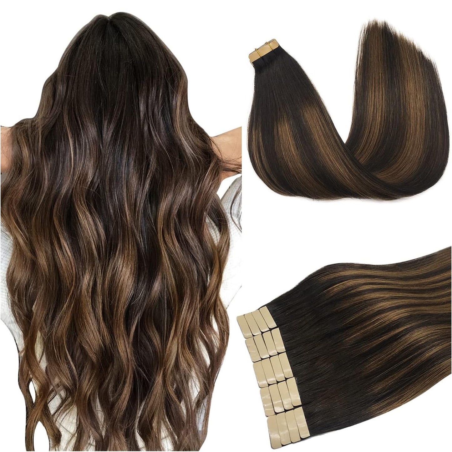 DOORES Tape in Human Hair Extensions - Balayage Dark Brown to Chestnut Brown, 18 Inch, 50g 20pcs, Remy Straight Hair Skin Weft Natural Look