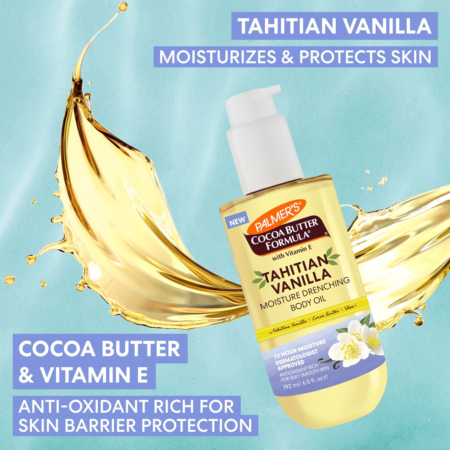 Palmer's Cocoa Butter Body Oil, Tahitian Vanilla, 6.5oz – 72Hr Hydration with Shea Butter & Vitamin E, Softens & Soothes Dry Skin