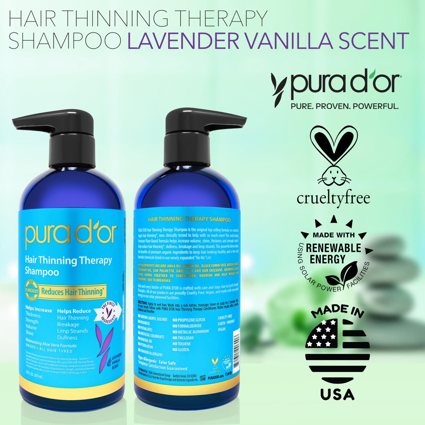 PURA D'OR Hair Thinning Therapy Biotin Shampoo Lavender Vanilla – Clinically Tested Thickening Formula for Men & Women, Color Safe, 16 Oz
