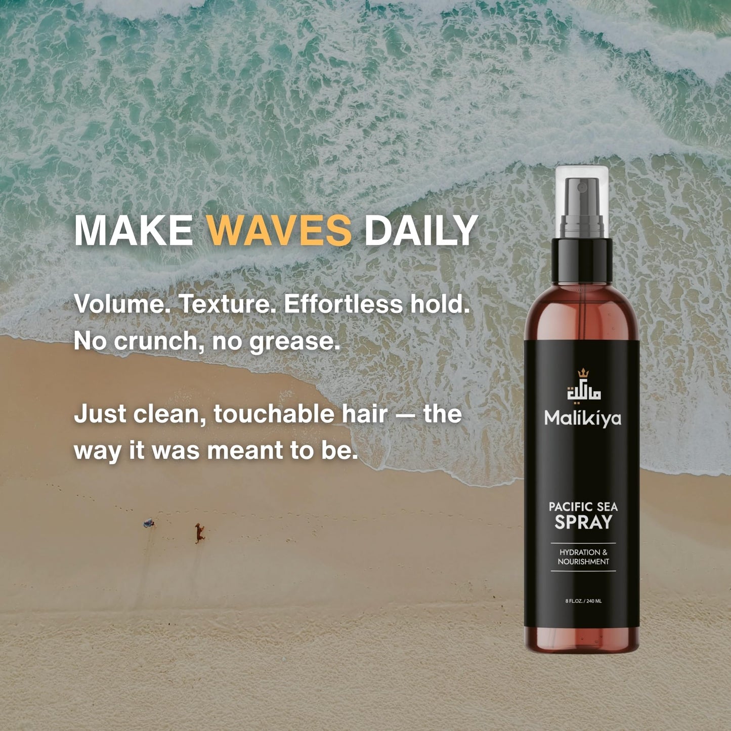 Malikiya Sea Salt Spray for Men– Beach Waves, Fluffy Textured Hair | Natural, Non-Greasy, No Crunch, Firm Hold | Coconut Water & Sea Kelp | 8 oz