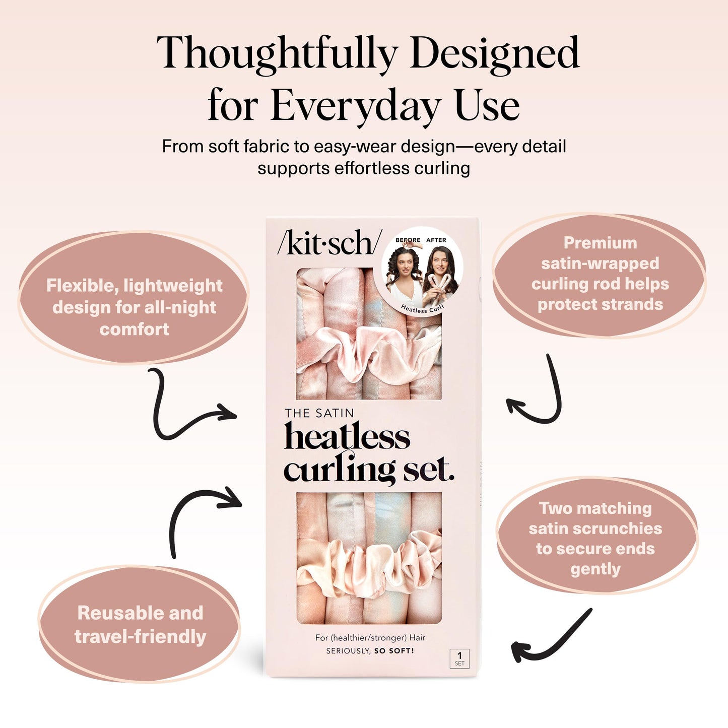 Kitsch Satin Heatless Curling Set - 34" No-Heat Hair Curler & 2 Satin Scrunchies - Overnight Frizz-Free Curls, No Damage, Sunset Tie Dye