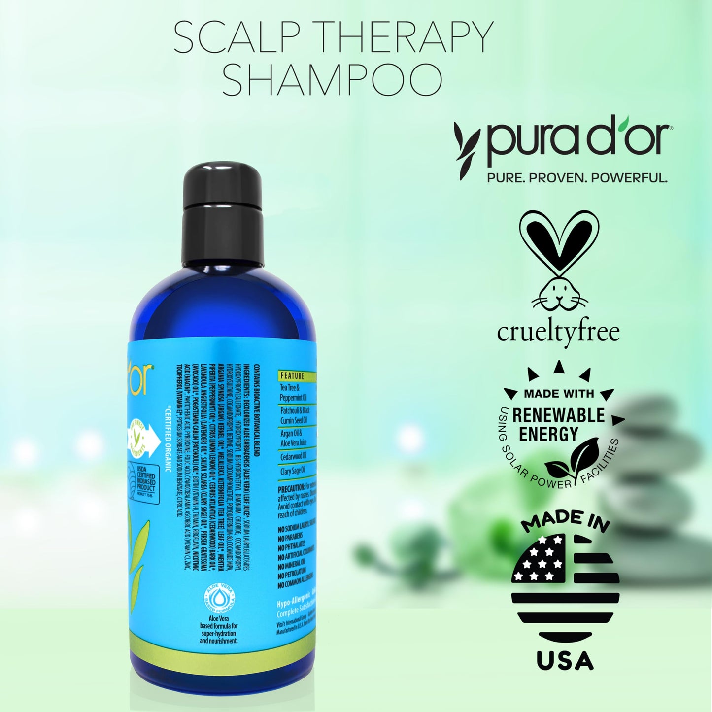 PURA D'OR Therapy Shampoo 16oz – Hydrating & Nourishing Scalp Care for Itchy, Flaky Scalp with Tea Tree, Peppermint & Argan Oil