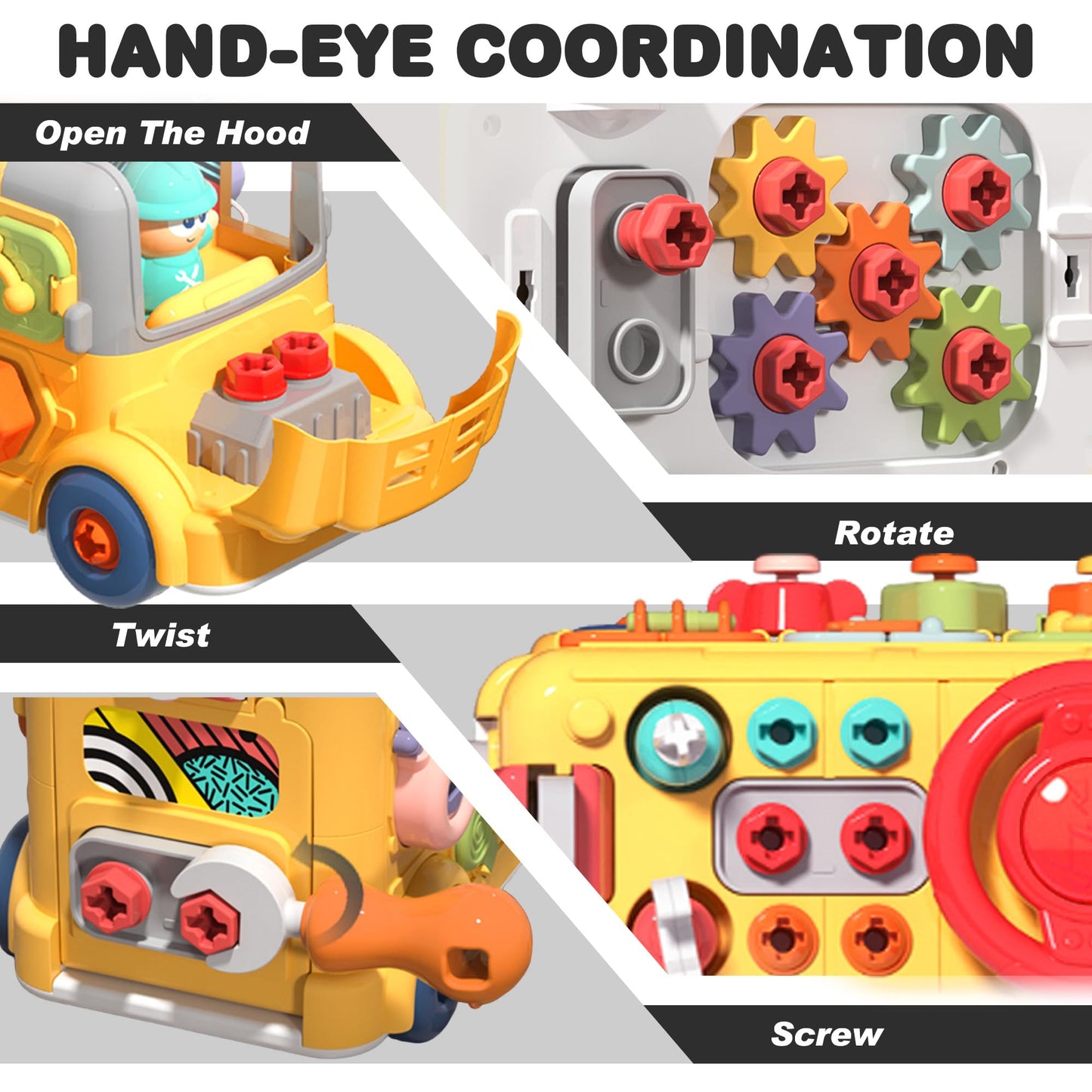 iPlay, iLearn Toddler Busy Bus Toy – Take Apart School Bus with Tools, Steering Wheel & Gears, STEM Montessori Push-Go Toy for Ages 3-5