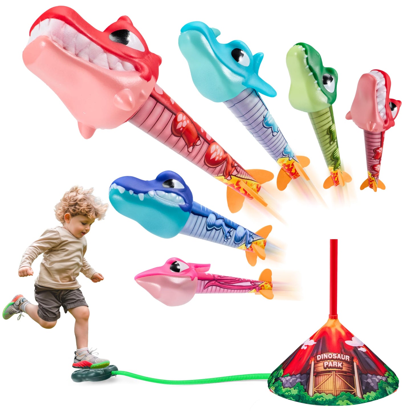 JOYIN Dinosaur Foam Rocket Launcher Toy for Kids – 6 Dino Rockets, Launches Up to 100 ft, Fun Gift for Boys 3-8, Birthday & Family Play