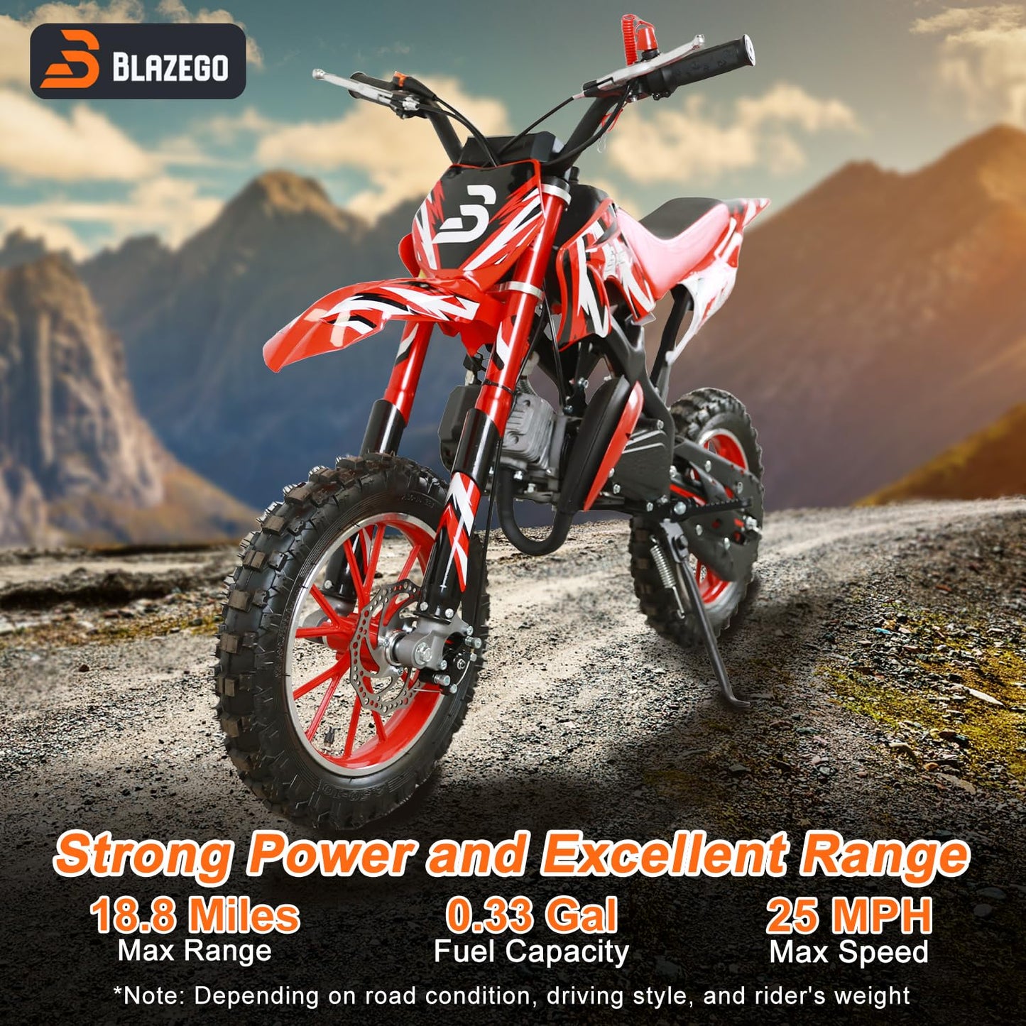 BLAZEGO 49cc Gas-Powered Kids Dirt Bike, 2-Stroke Mini Motorcycle with Off-Road Tires, Disc Brakes, Shock Absorption & Soft Seat, Ages 8-14, Blue