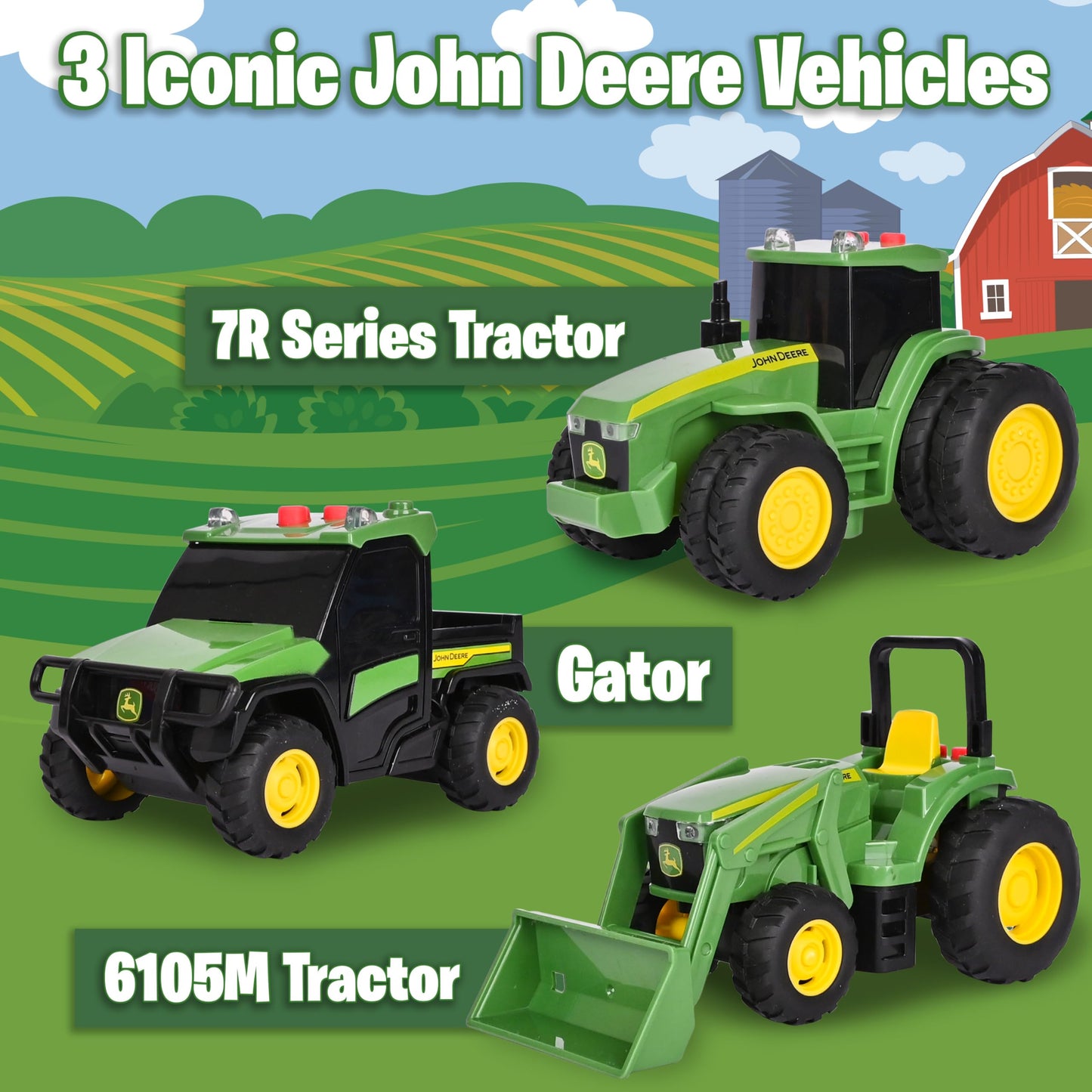 John Deere 3-Pack Set Lights and Sound Realistic 5" Farm Vehicles, 7R Series Tractor, 6105M Tractor and Gator
