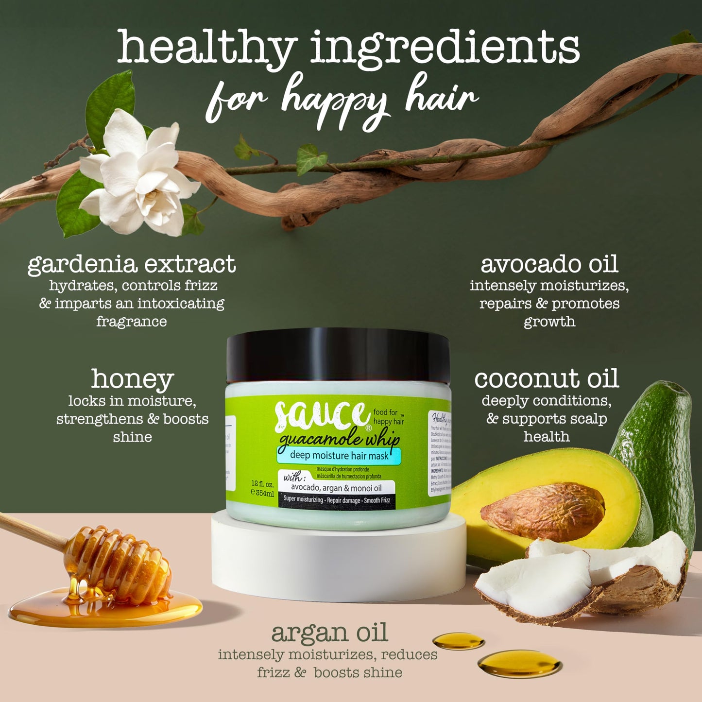 SAUCE BEAUTY Guacamole Whip Deep Conditioning Hair Mask w/ Avocado, Honey & Argan Oil – Restores Dry, Damaged & Frizzy Hair, 12 Fl Oz