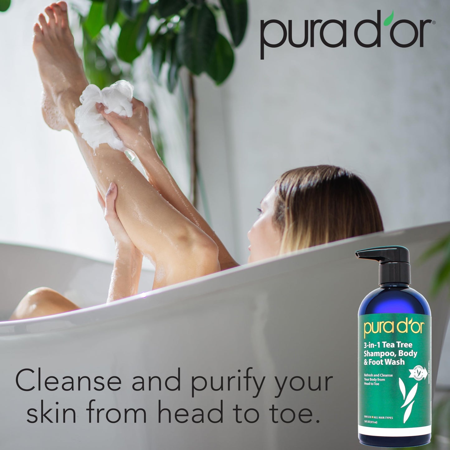 PURA D'OR 3-in-1 Tea Tree Shampoo, Body & Foot Wash – Cleansing & Refreshing Total Body Care for Odor Control, Post-Workout & Daily Hygiene, 16 Oz