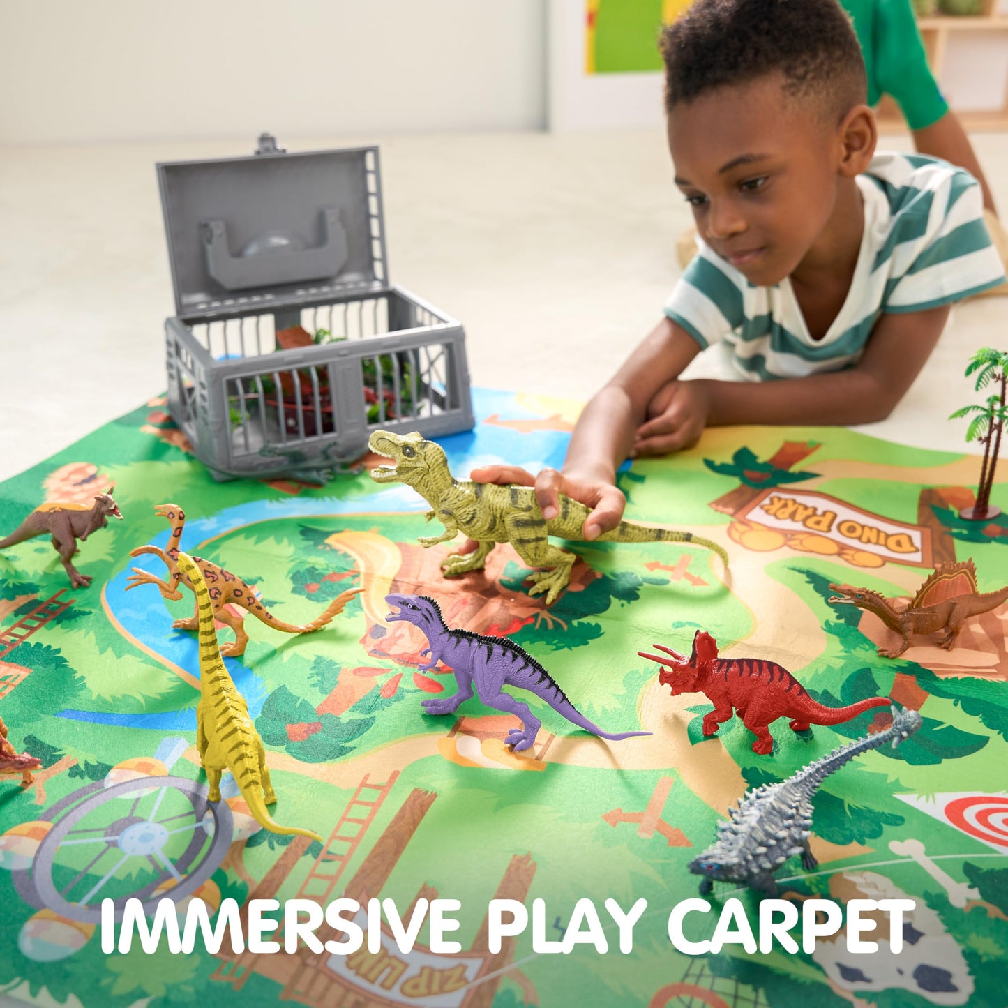 JOYIN Dinosaur Toy Set with 19 PCS Realistic Dinosaurs, Trees, Play Mat & Storage Cage – Fun Educational Gift for Kids Ages 3-5