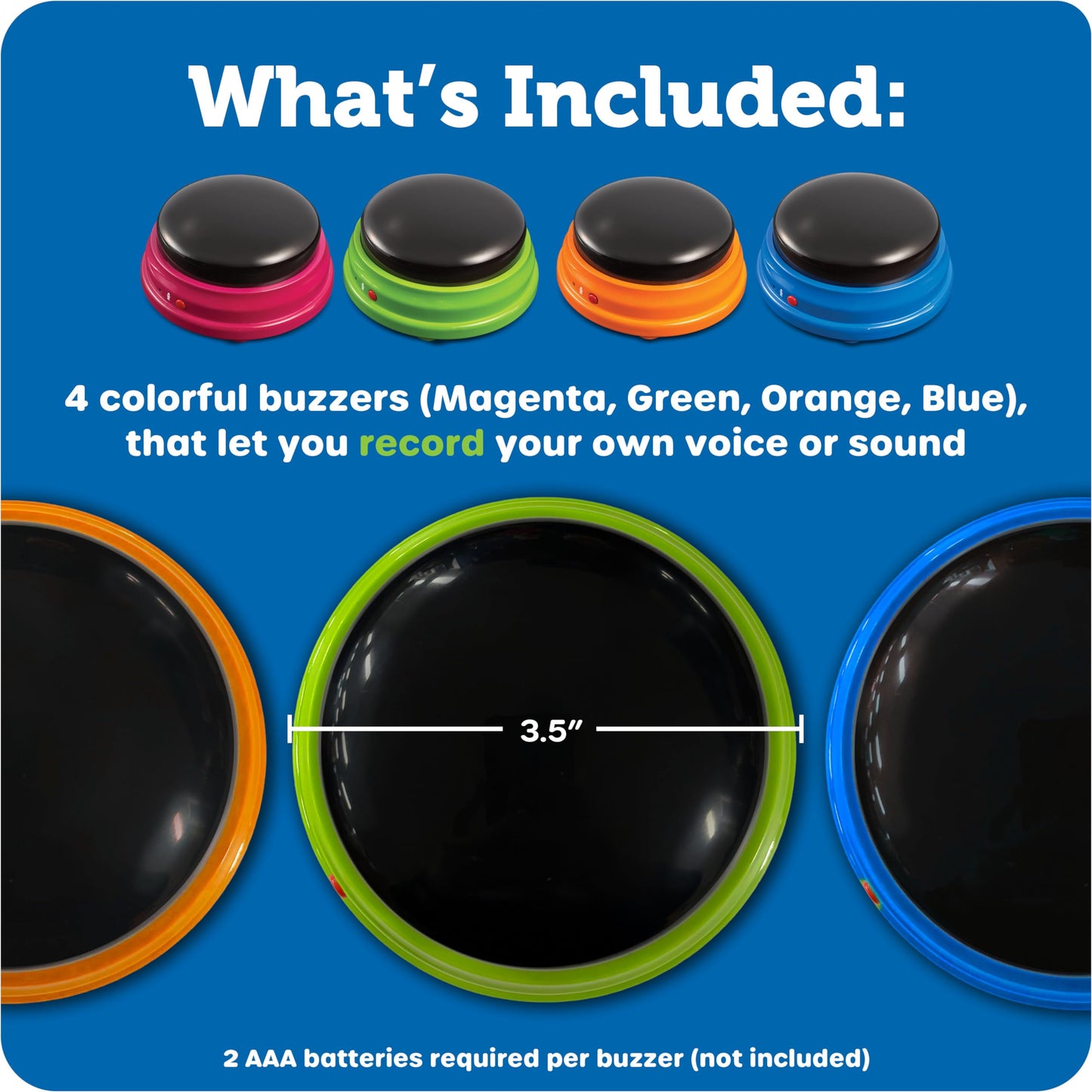Learning Resources Recordable Answer Buzzers, Set of 4, Ages 3+ | Personalized Sound Buttons for Games, Trivia, Family Fun