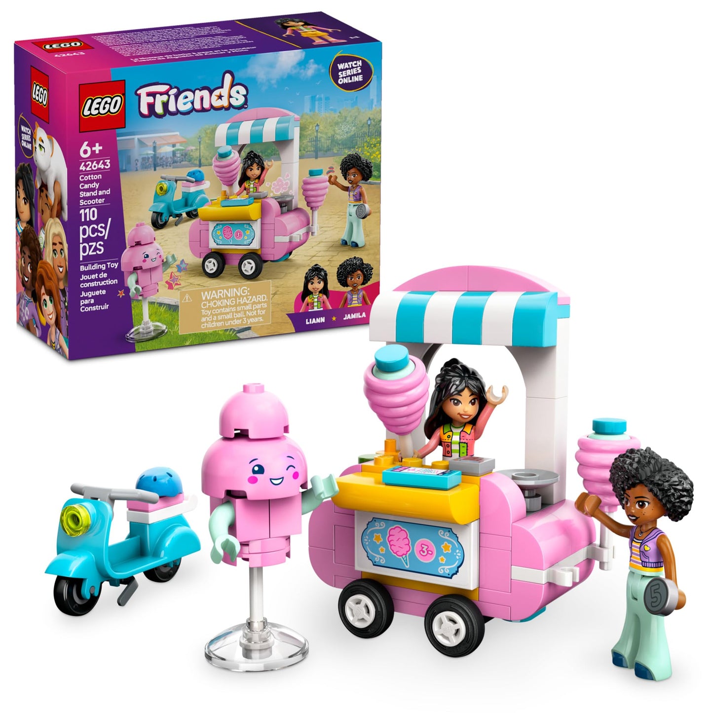 LEGO Friends Cotton Candy Stand & Scooter Set for Kids 6+ with 2 Minidolls, Wheelable Cart & Accessories – Birthday Gift Idea, 42643