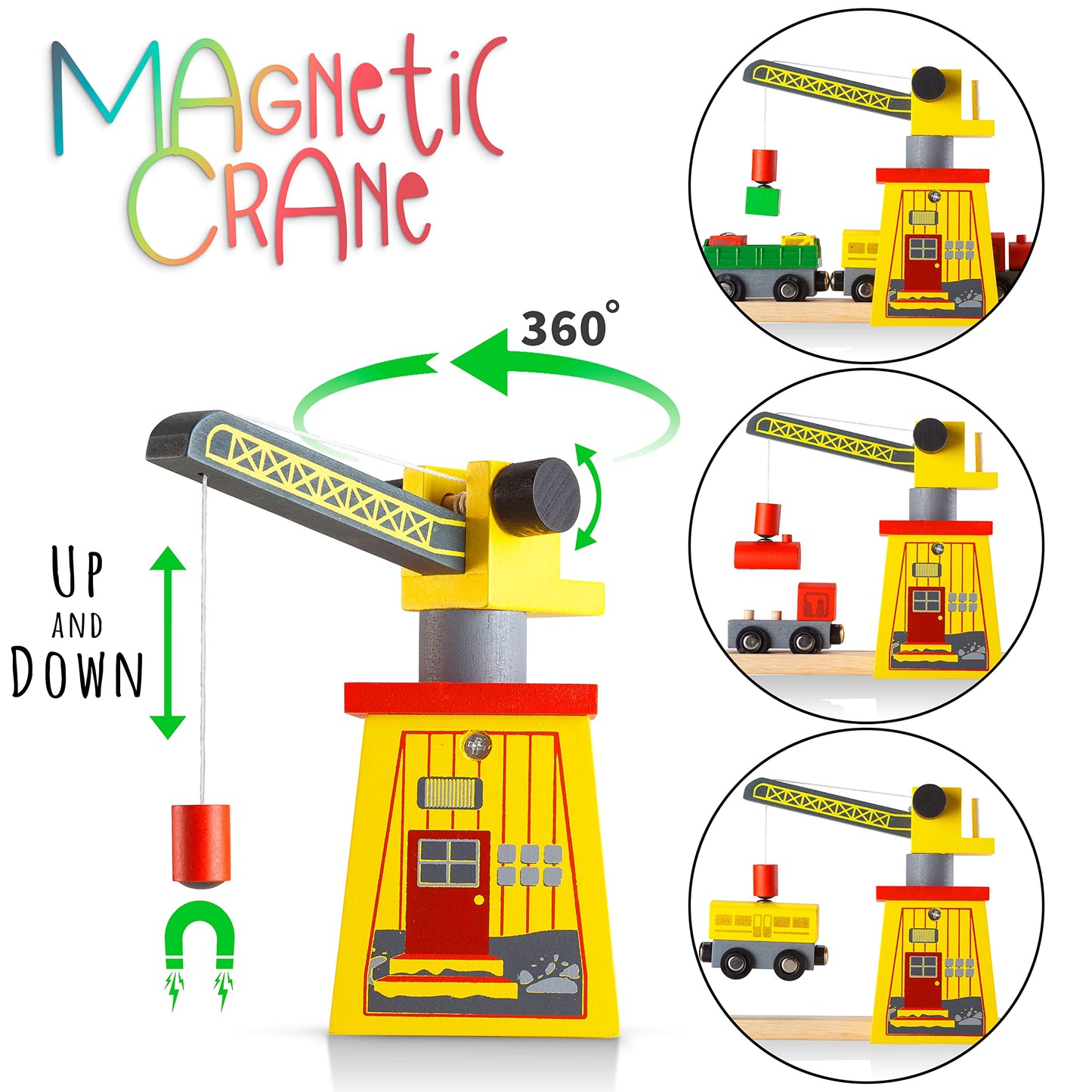 KipiPol 38-Piece Wooden Train Set for Toddlers 2-7 with Crane, Bridge & Tracks – Compatible with Thomas, Brio, IKEA, Melissa & Doug Toys