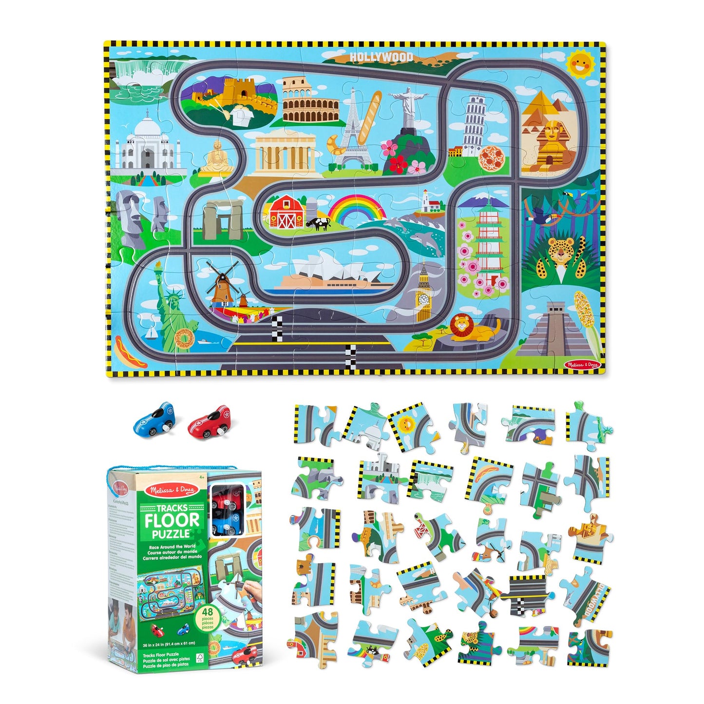 Melissa & Doug Race Around the World Floor Puzzle – 48-Piece Jigsaw with Wind-Up Vehicles, FSC-Certified, Educational Toy for Kids Ages 4+