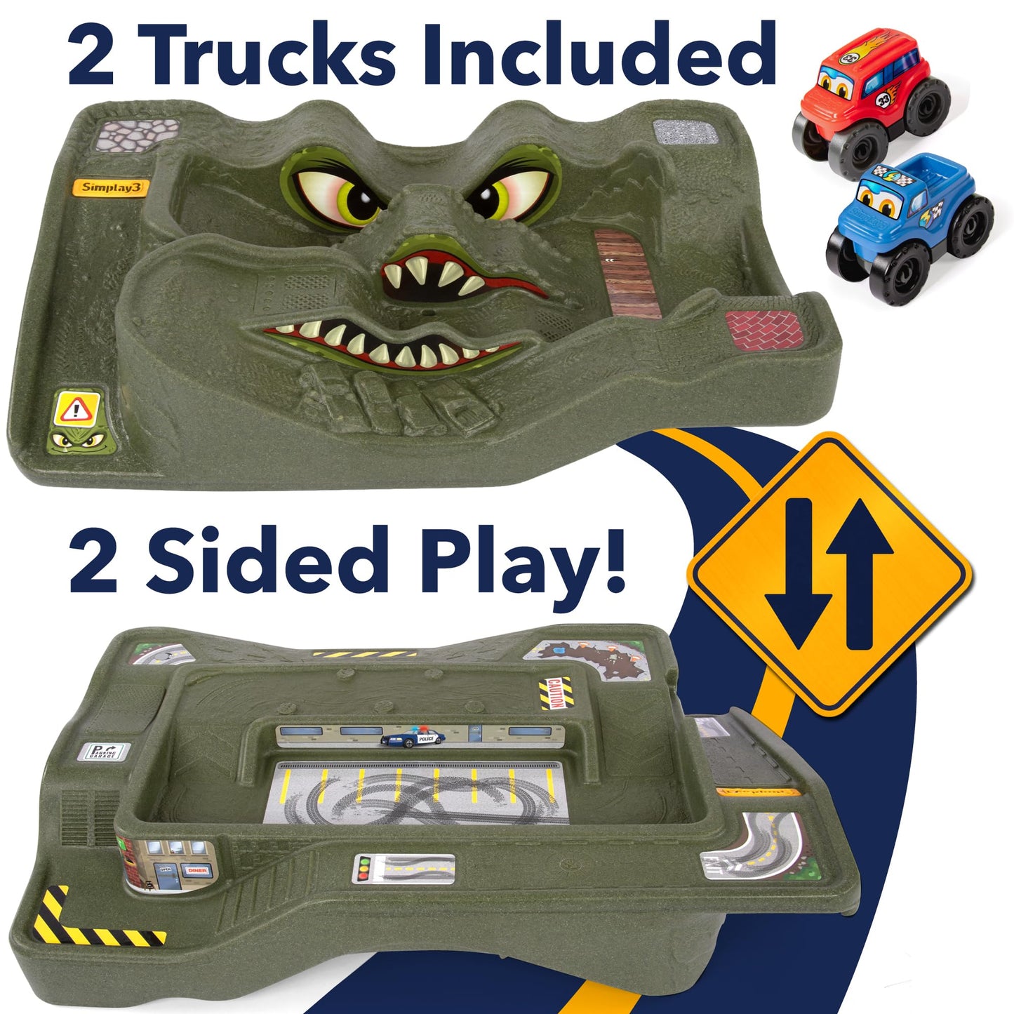 Simplay3 Monster City Extreme Wheels Car Race Track Table - 2 Sided Portable Kids Play Table with 2 Race Trucks - Red or Green - Made in USA