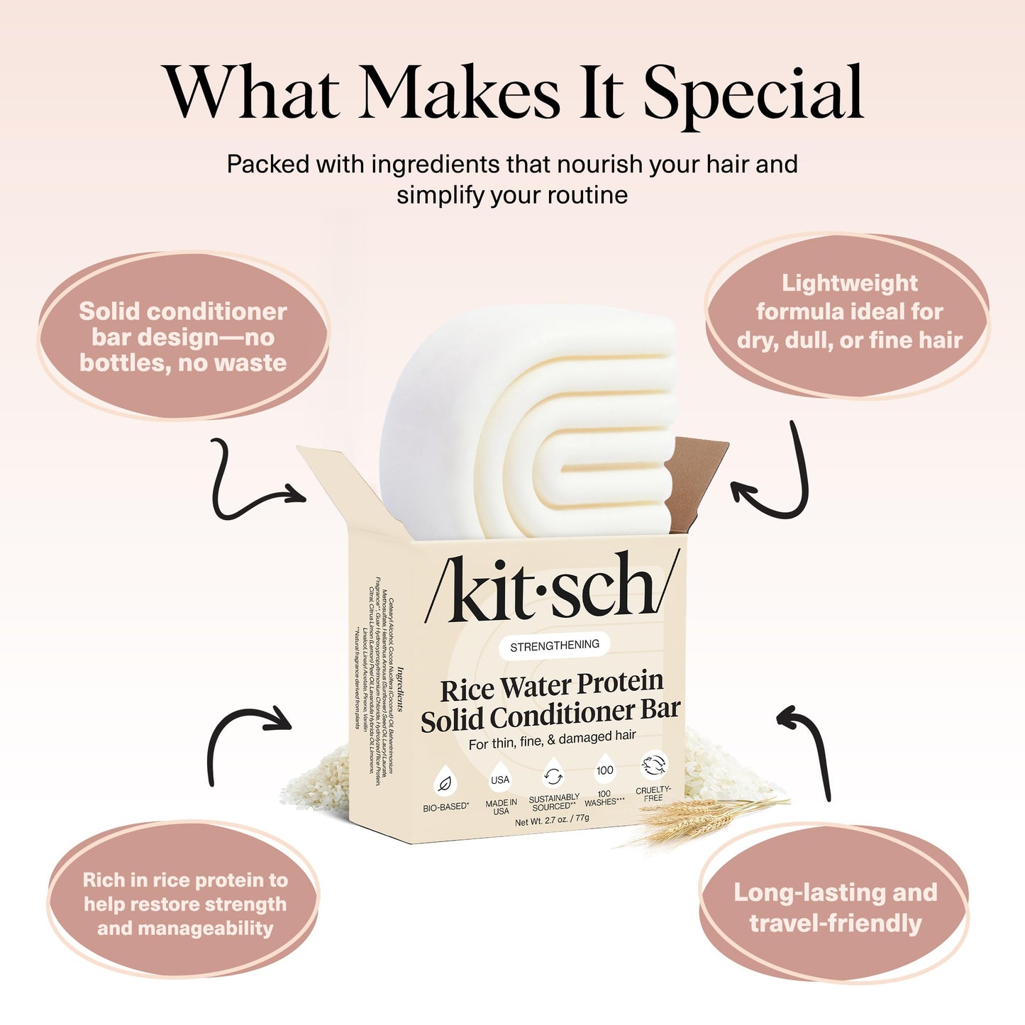 Kitsch Rice Water Conditioner Bar – Strengthen Hair, Repair Damage, Prevent Split Ends & Boost Shine – Paraben, Silicone & Sulfate-Free, 2.7 oz