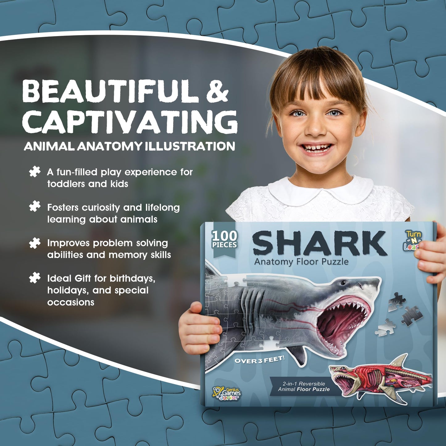 Shark Animal Anatomy 100-Piece Double-Sided Floor Puzzle – Large Educational Jigsaw for Kids Ages 3-10, Toddlers & Family Fun