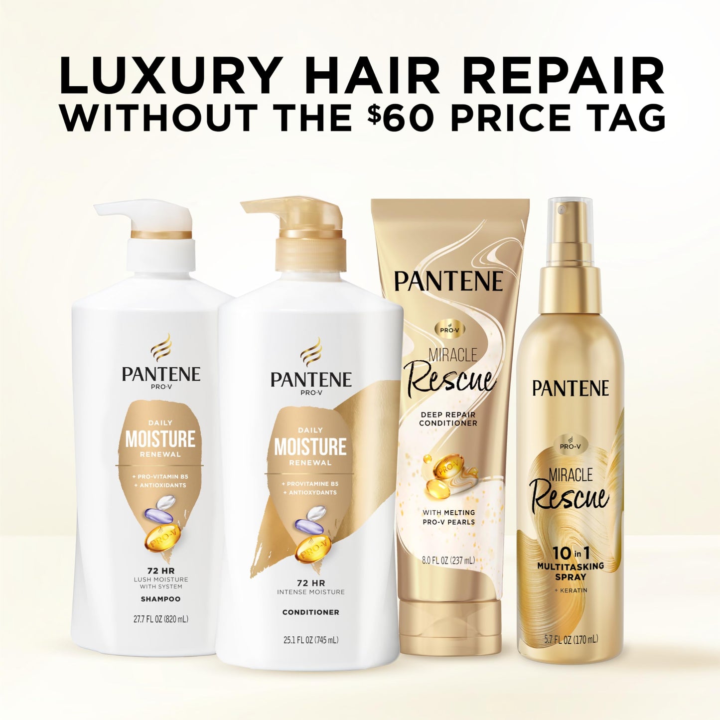 Pantene Daily Moisture Renewal Conditioner 2-Pack (25.1 Oz Each) + Miracle Rescue Shot – Pro-V Formula for 72-Hr Hydration & Soft, Healthy Hair