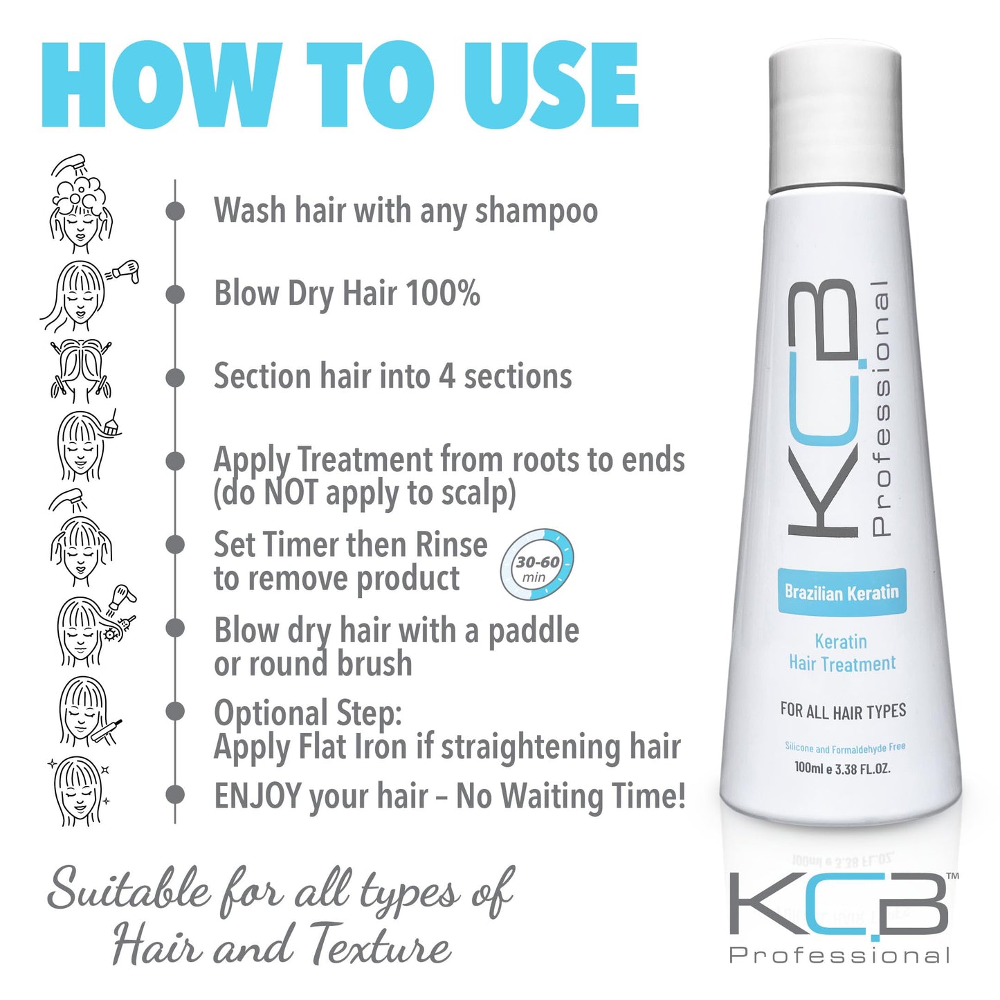 KCB Professional Brazilian Keratin 1-Step Treatment Kit – At-Home Hair Straightening & Frizz Control, Formaldehyde-Free, All Hair Types, 3.38 Fl Oz