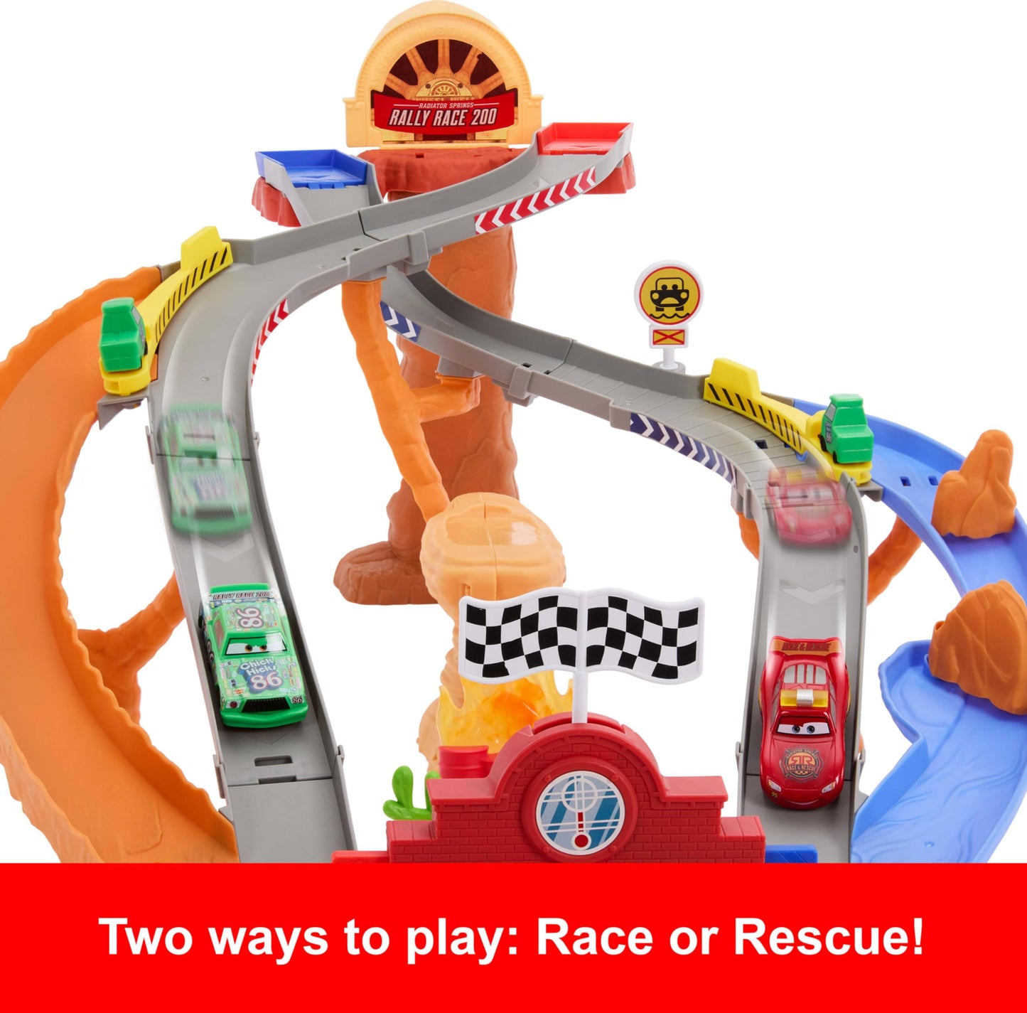 Mattel Disney and Pixar Cars Toy Playset, Lightning McQueen & Chicks Hicks & 2 Pitty Crew Vehicles, 2 Ways to Race, Race & Rescue Rescue Road Raceway
