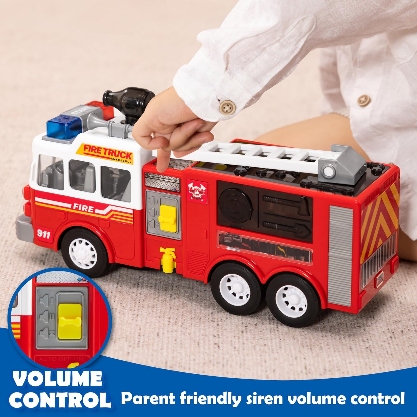 JOYIN LED Fire Truck Toy for Toddlers – Bump & Go Fire Engine with LED Lights, Sirens, Mode Switch & Volume Control, Boys & Girls Gift