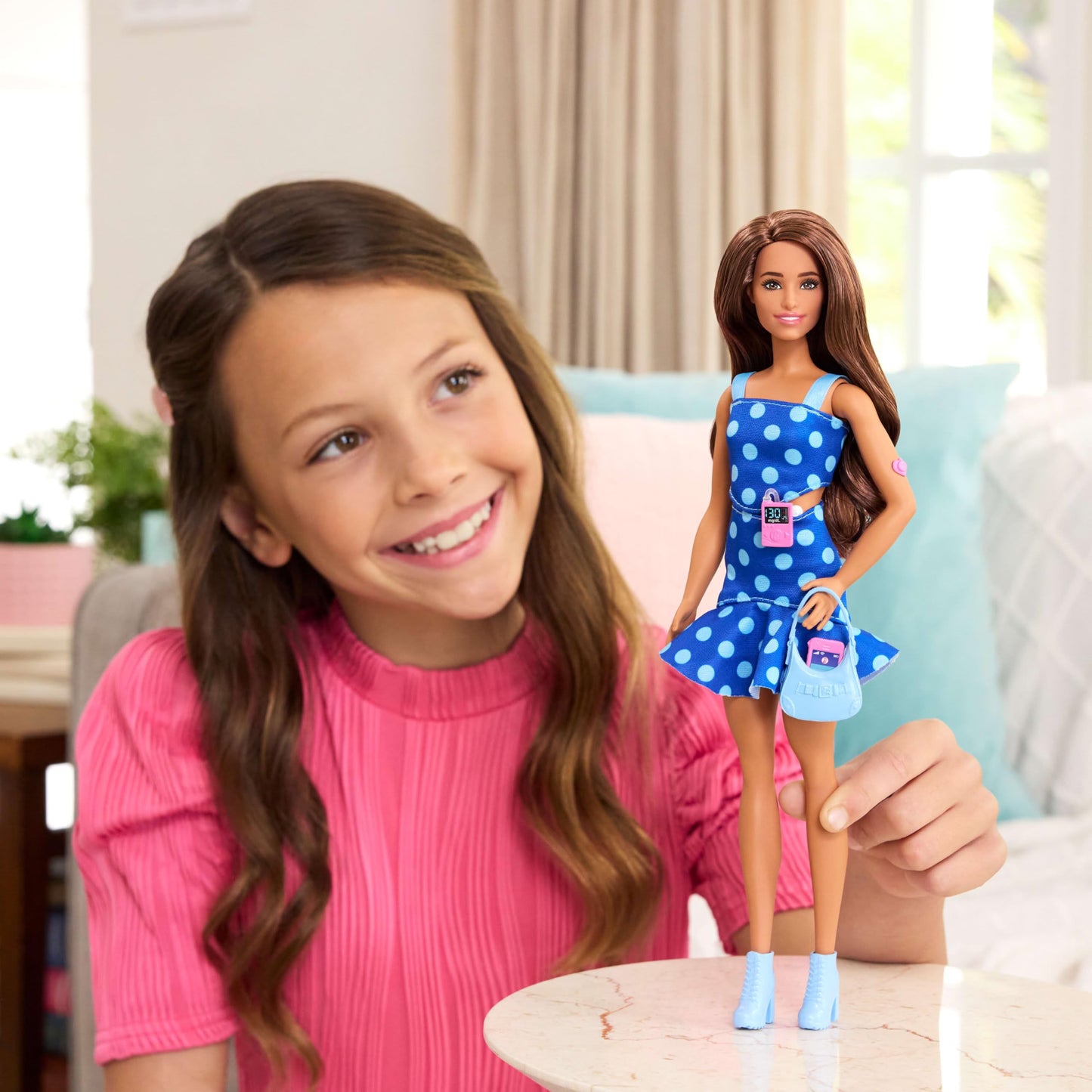Barbie Fashionistas Doll #242, Doll with Type 1 Diabetes Wearing Polka Dot Outfit and Accessories, in Partnership with Breakthrough T1D