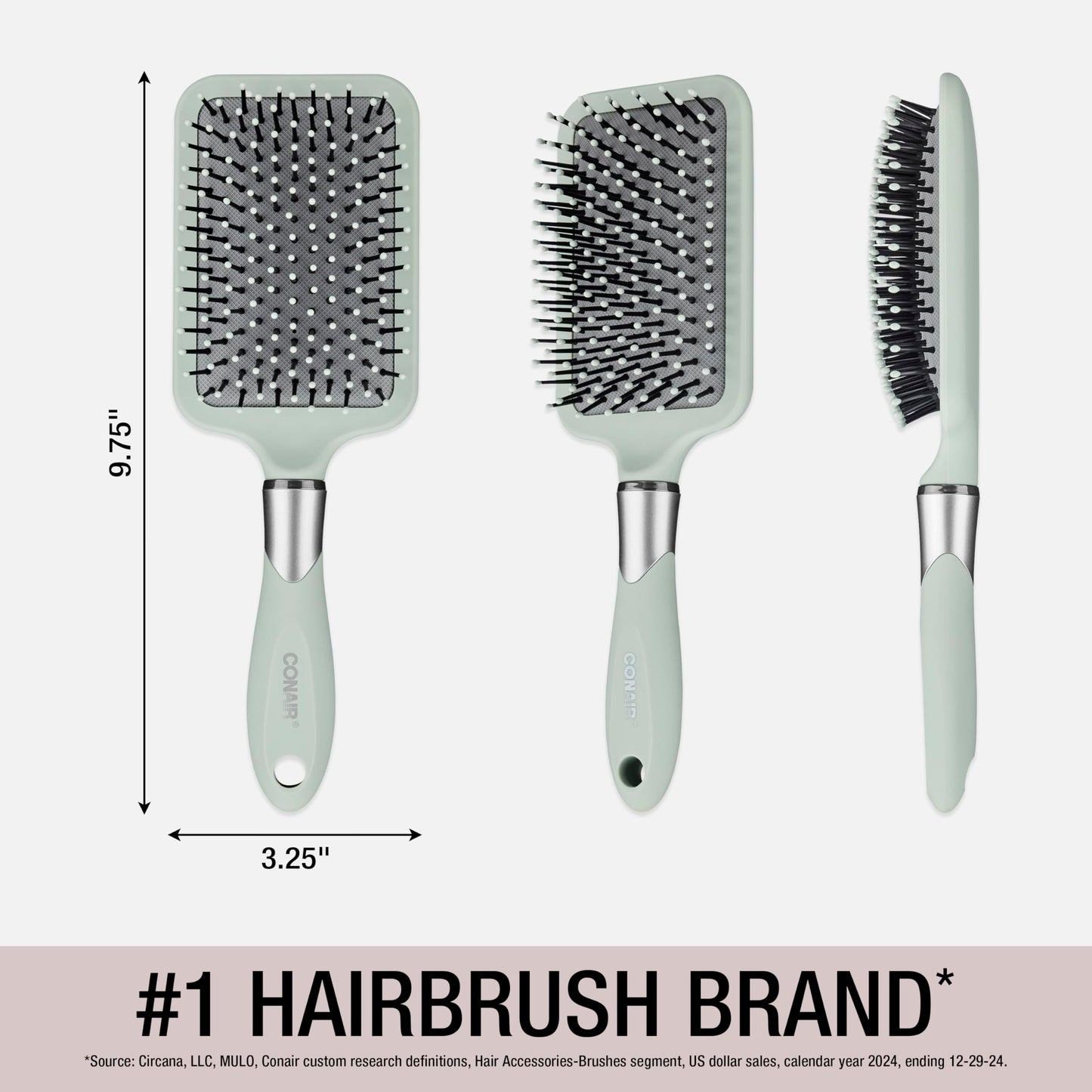 Conair Velvet Touch Paddle Cushion Hair Brush – Detangling Brush for Curly or Straight Hair – Soft Grip Handle – Unisex, Sage Green