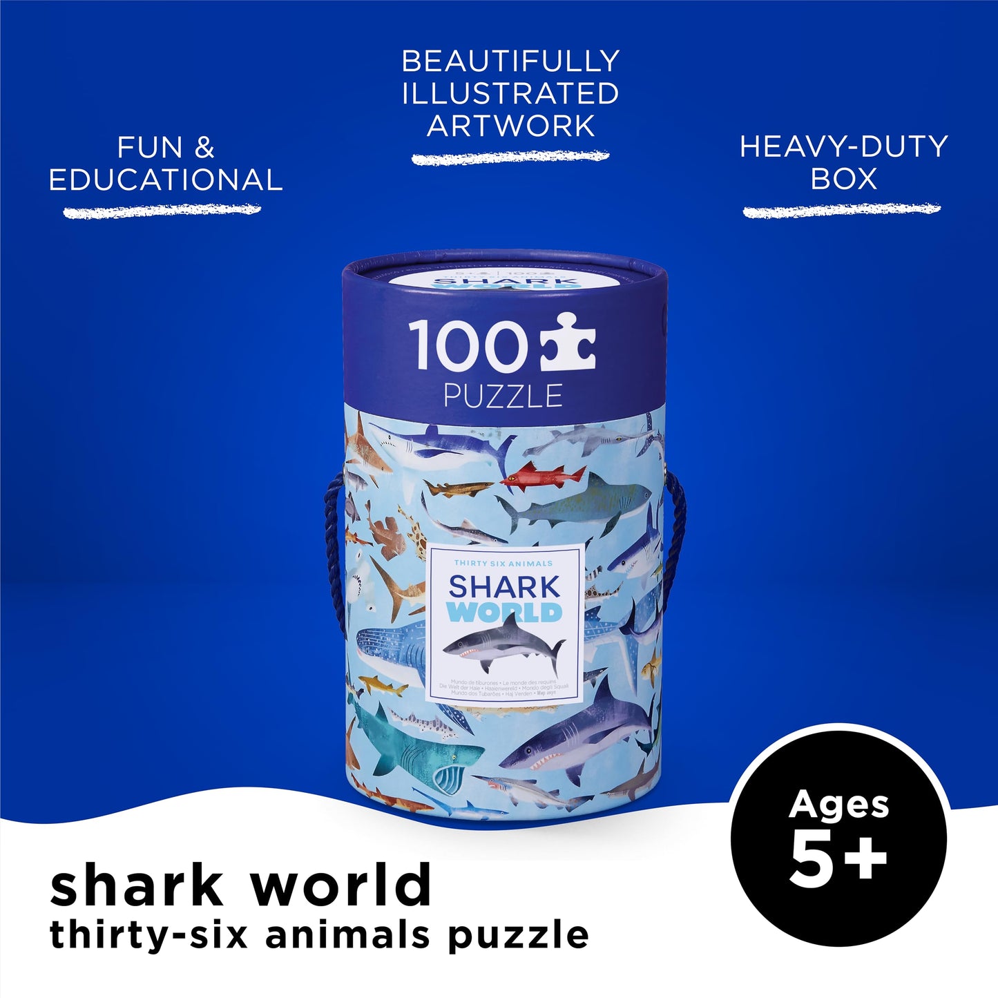 Crocodile Creek 100-Piece Jigsaw Puzzle – Sharks Theme for Kids 5+, Educational Table & Floor Puzzle with Storage Canister, 14"x19"