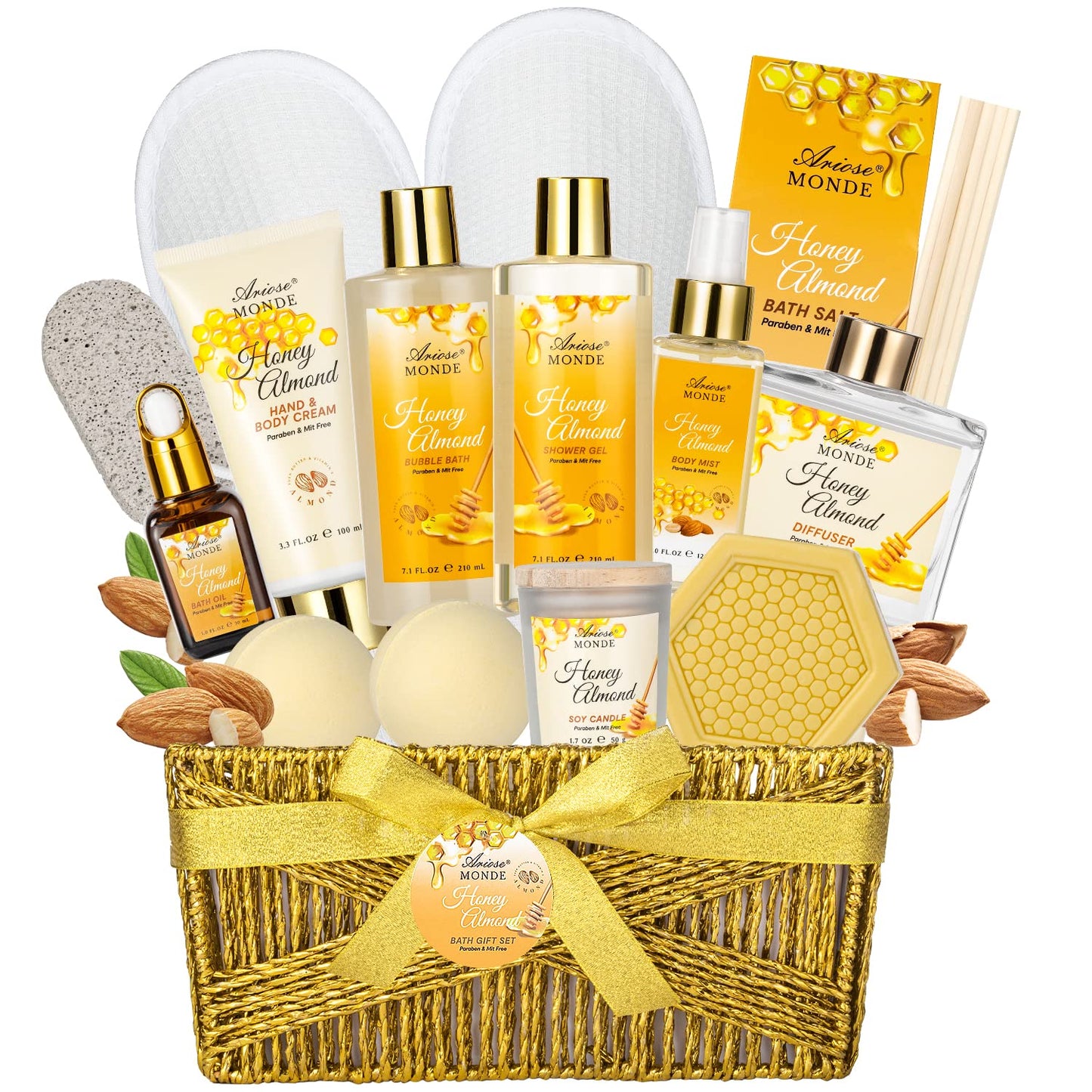 Luxury Bath & Body Gift Set – Honey Almond Spa Basket, 15-Piece Relaxing Home Spa Kit with Bubble Bath, Bath Salts & Body Lotion for Women & Teens