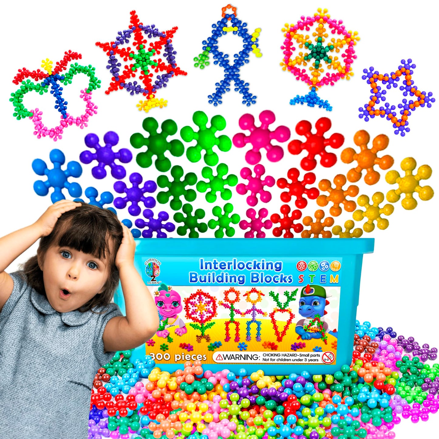 Curious 2 Learn 300-Pc Building Blocks Set – STEM Educational Toys, Interlocking Discs for Boys 4-5, Birthday Gift for Creativity